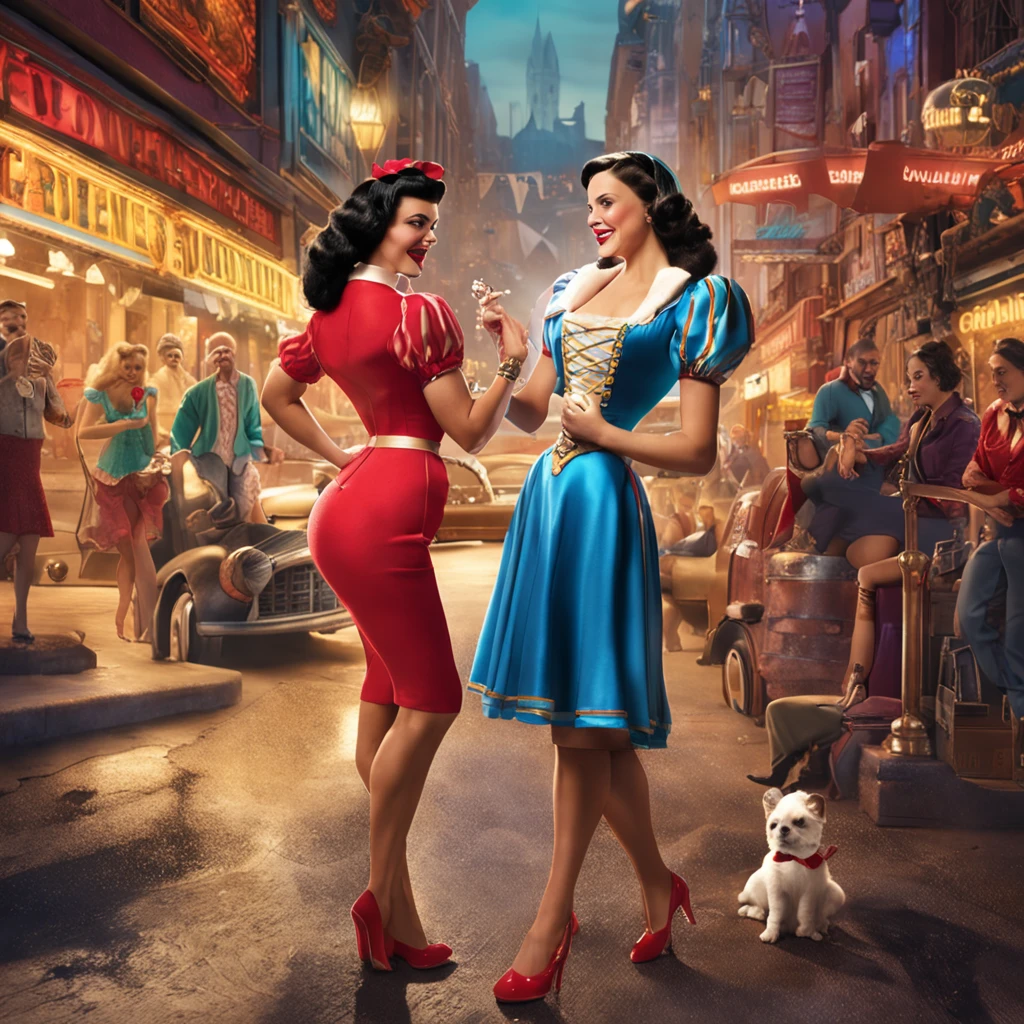 Detailed and lifelike depictions of Cinderella and Snow White, both radiating a distinct pin-up style, stand close together, their faces inches apart, hinting at an imminent kiss. Dressed in miniskirts, stockings, and heels, their attire reflects the iconic colors of their traditional outfits, ensuring they're instantly recognizable as their respective characters. While their classic features are present, the pin-up flair is undeniable. Artful tattoos add a contemporary touch. Their postures and expressions, combined with their pin-up attire, create a fusion of classic Disney and vintage allure.