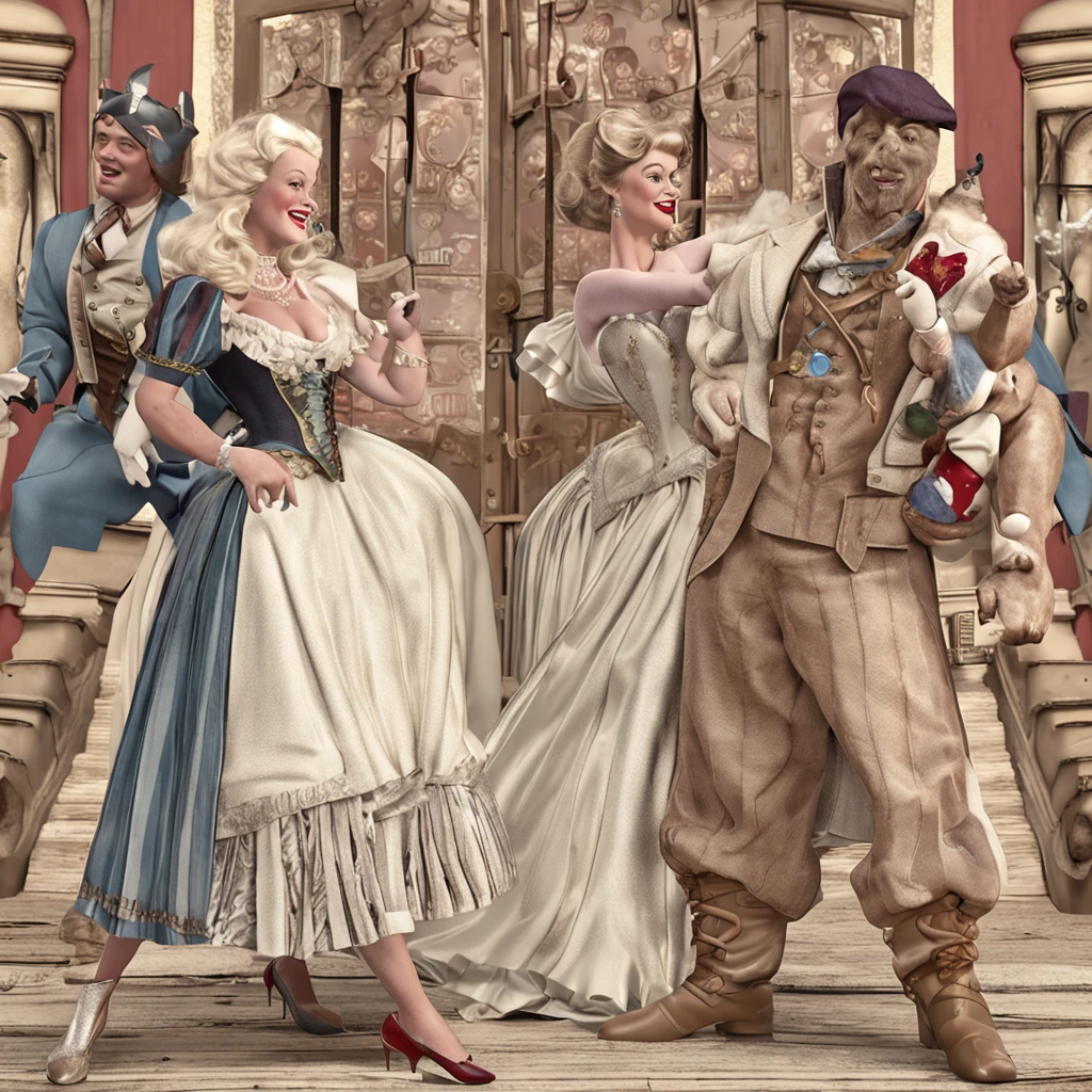 Detailed and lifelike depictions of Cinderella and Snow White, both radiating a distinct pin-up style, stand close together, their faces inches apart, hinting at an imminent kiss. Dressed in miniskirts, stockings, and heels, their attire reflects the iconic colors of their traditional outfits, ensuring they're instantly recognizable as their respective characters. While their classic features are present, the pin-up flair is undeniable. Artful tattoos add a contemporary touch. Their postures and expressions, combined with their pin-up attire, create a fusion of classic Disney and vintage allure.
