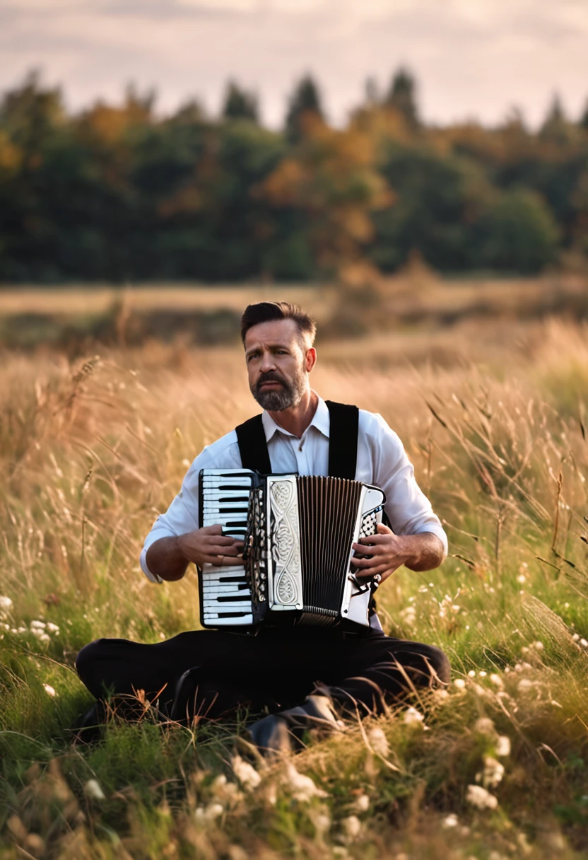 Male playing accordion on grass