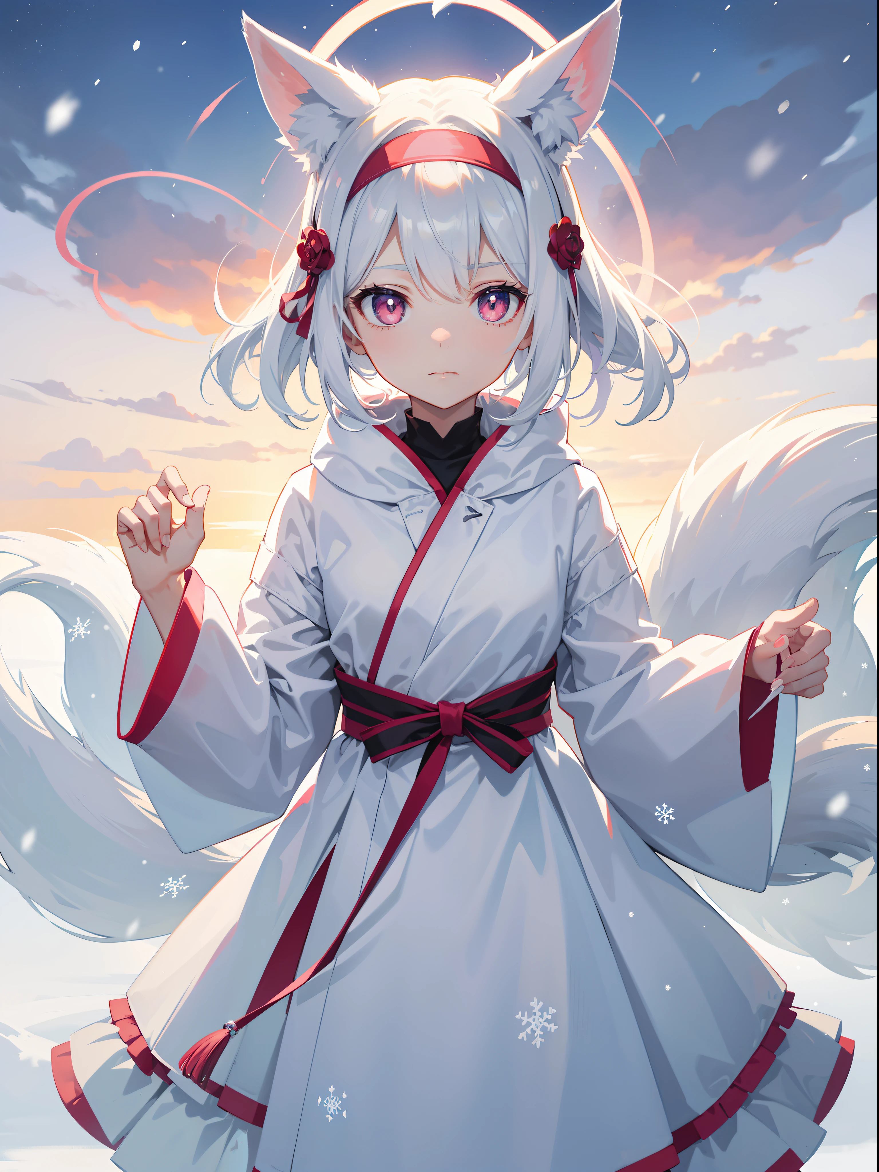 White color hair,teens girl,'s,There is a pink headband on the headband,The tail of the nine-tailed fox,red pupils,Snow and ice elements,On the snowy plains,Close-up of the sun,Dark Department