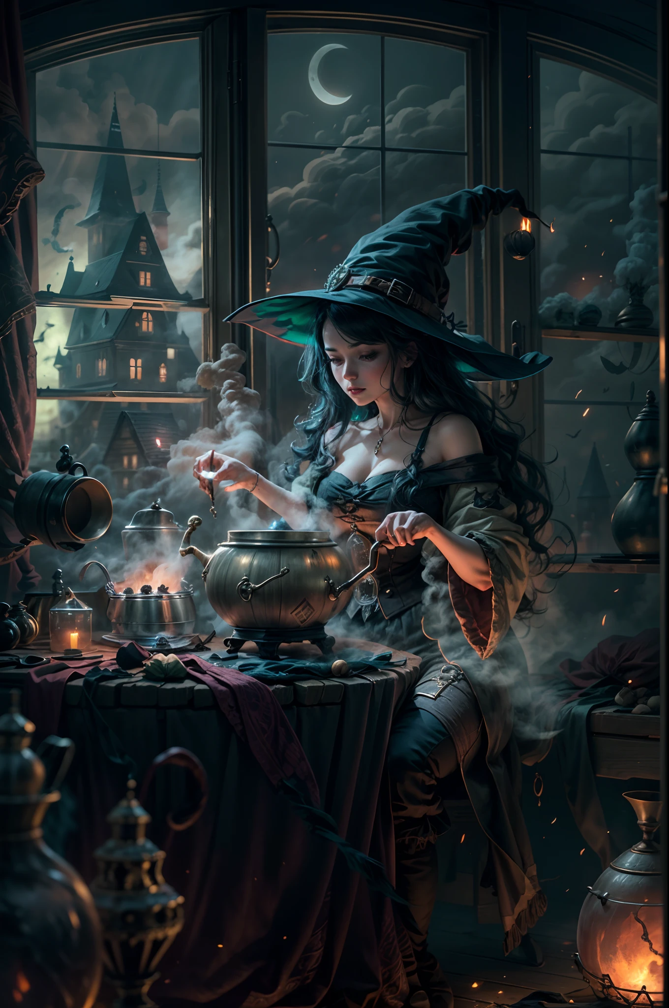 a beautiful witch in her alchemist room, working on her project with a steaming cauldron filled with green glowing smoke, against the backdrop of a fantasy night with a full moon and a view from the window, dressed in a traditional witch outfit.