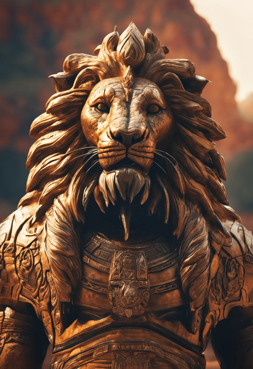 Close-up of a powerful lion-headed figure，mighty，Journey