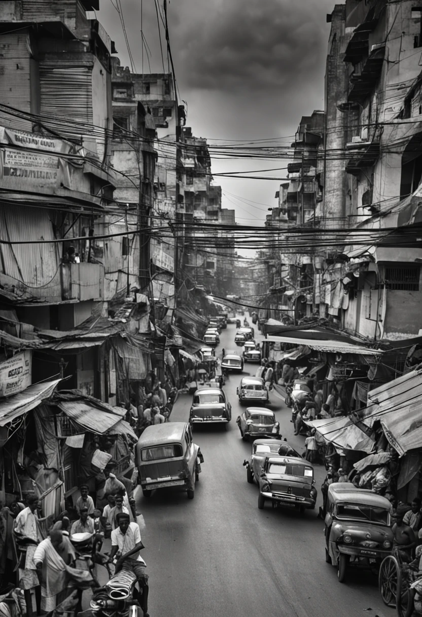Image of a bustling city street, vibrant, energetic, diverse, chaotic, gritty, DSLR, wide-angle lens, late afternoon, street photography, black and white film 1970 Bangladesh