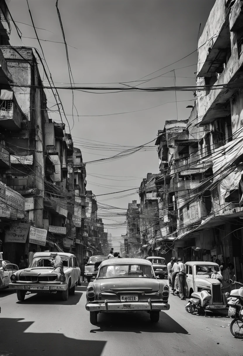Image of a bustling city street, vibrant, energetic, diverse, chaotic, gritty, DSLR, wide-angle lens, late afternoon, street photography, black and white film 1970 Bangladesh