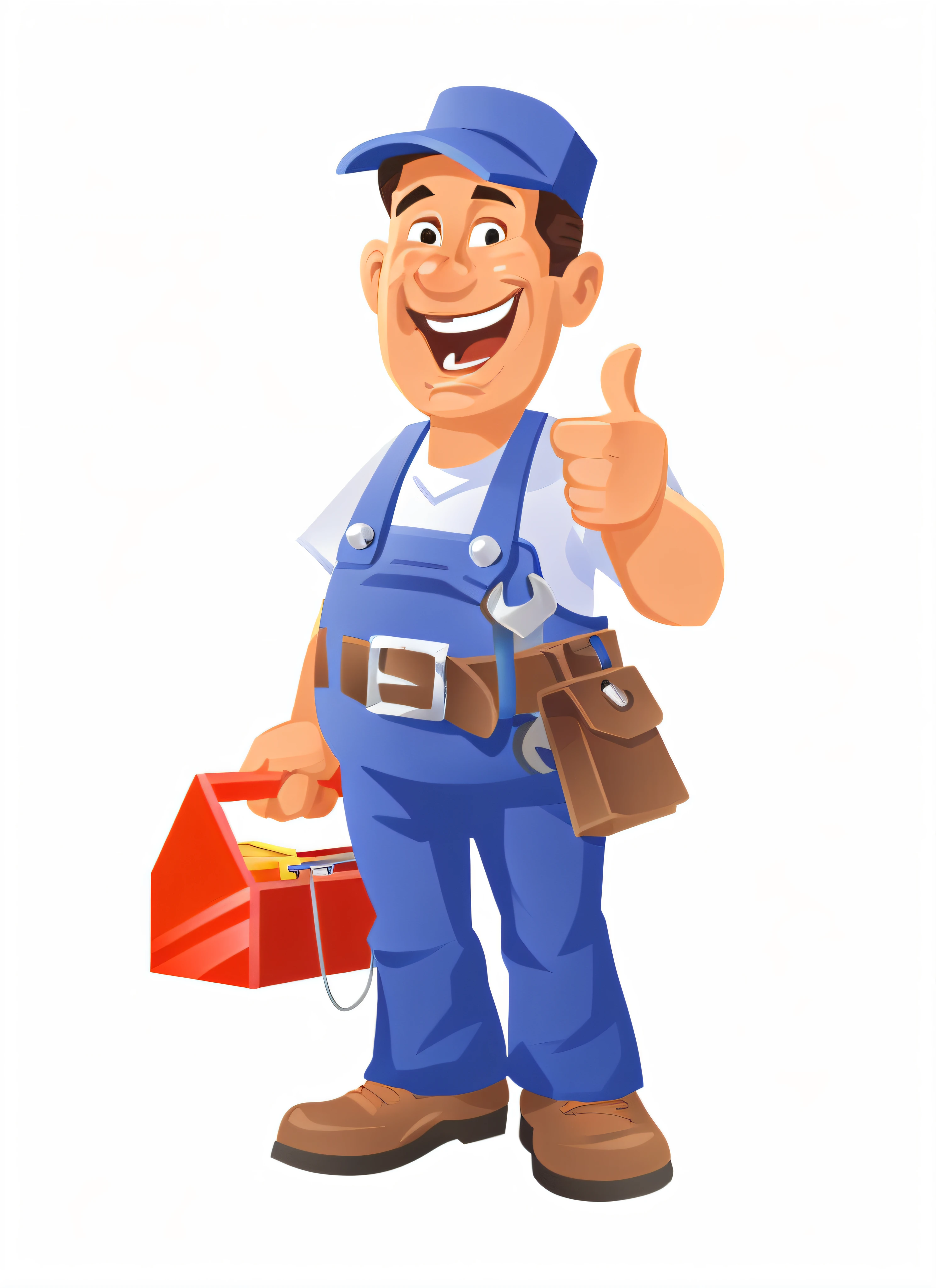 A cartoon image of a man in overalls holding a toolbox and giving a thumbs up, wearing plumber uniform, professional illustrations, a carpenter, high quality illustration, Professional illustration, Mechanic, hd illustration, As well as handymen, Commercial illustration, old charismatic mechanic, personal profile picture, Cartoon style illustration, Flat illustration, Vector illustration, Cartoon illustration