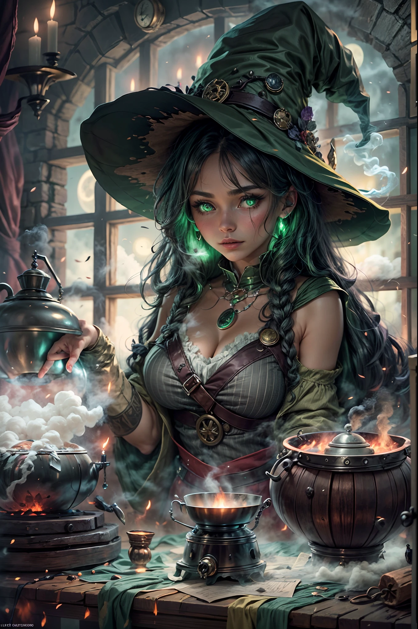 Beautiful witch in her alchemist room, Conduct her project in a steaming cauldron filled with green glowing smoke, Dreamy night background with full moon and window view, Dressed in traditional witch costume.