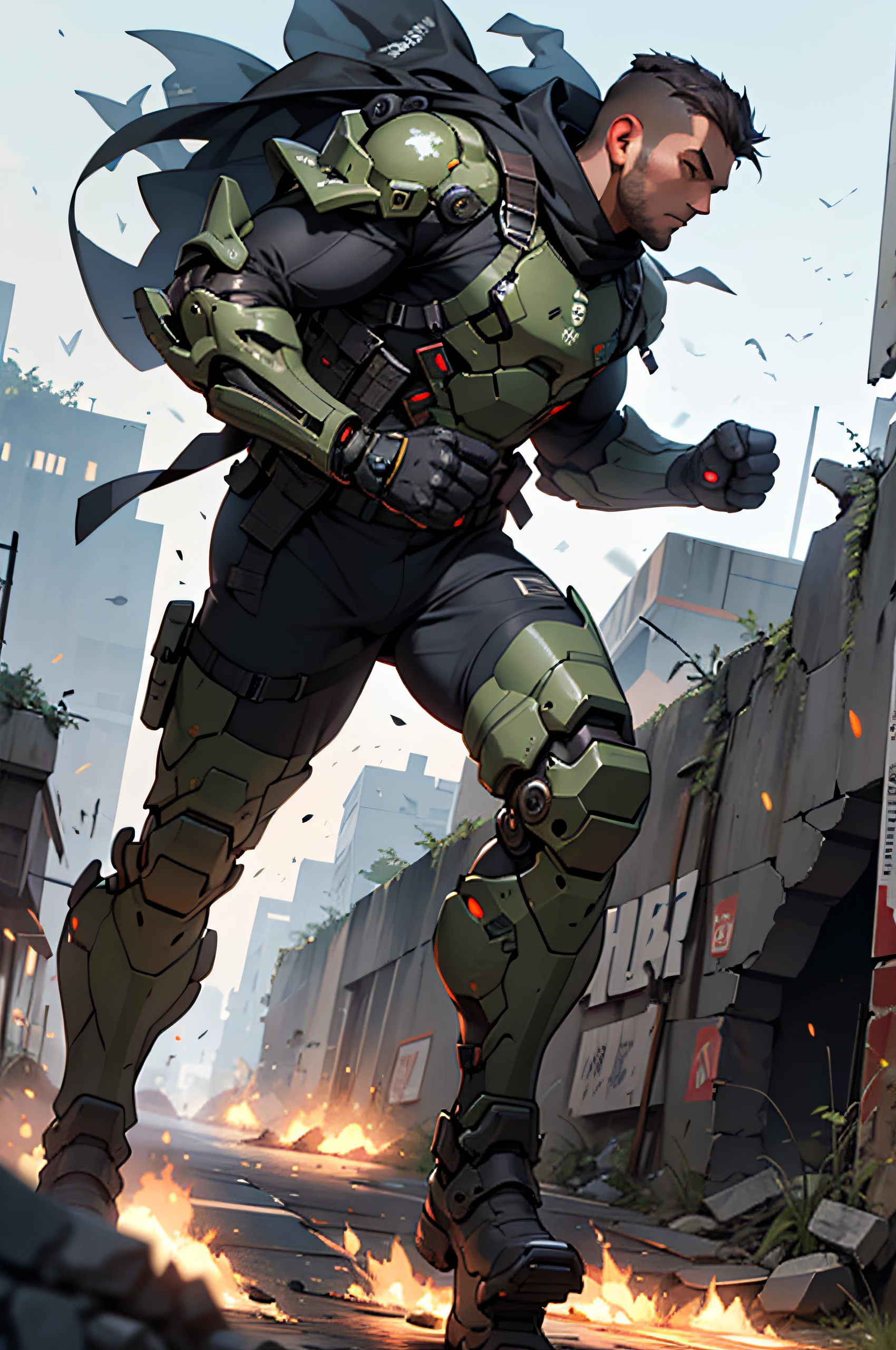 1man, solo, a futuristic mature male soldier with iron black mechanical legs, wearing epTactical, camouflage armor, running at high speed, battlefield ruins, face focus, UHD, anatomically correct, best quality, masterpiece, upper body, dynamic lighting, the side view