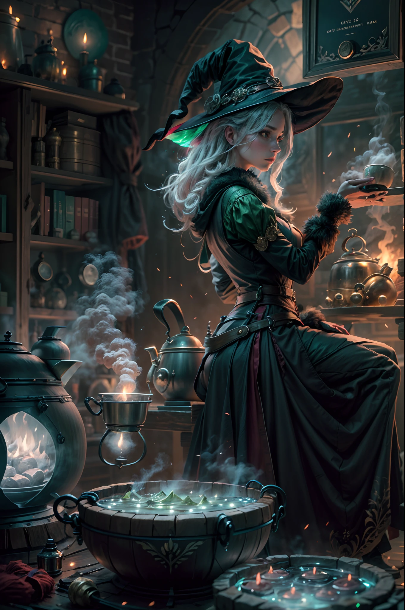 a beautiful witch in her alchemist room, working on her project with a steaming cauldron filled with green glowing smoke, against the backdrop of a fantasy night with a full moon and a view from the window, dressed in a traditional witch outfit.