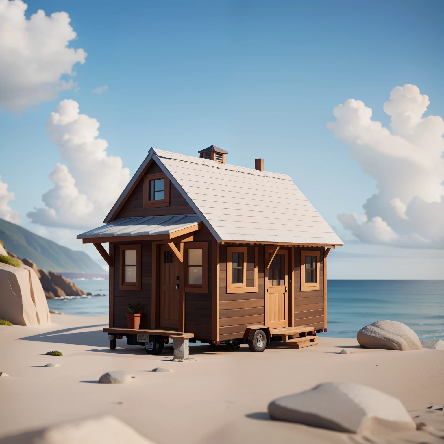 Close-up of An old tiny house in front of the ocean, its briks made grey by time, little dirt-white rocks make a pattern to follow for entering the house, photorealistic, highly detailed