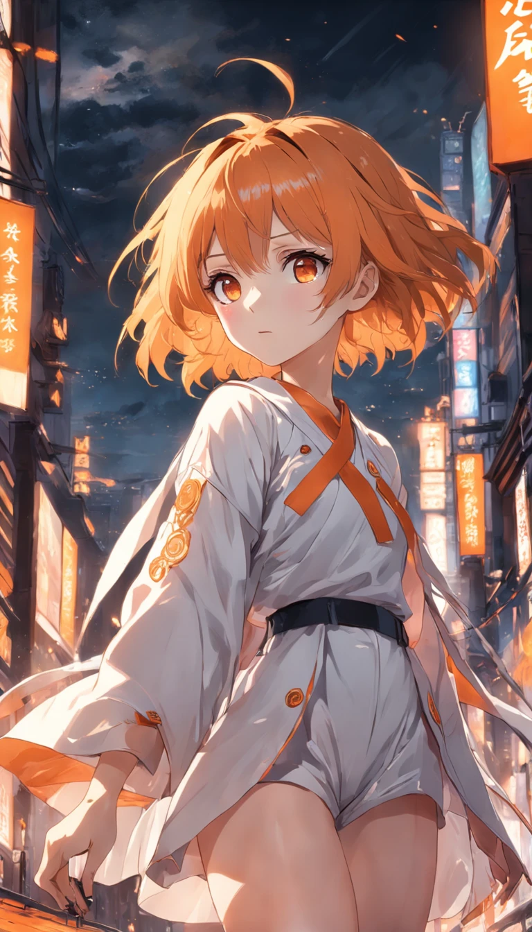 a pregirl,orange short hair,Golden eyes,A gentle look,wearing white clothes