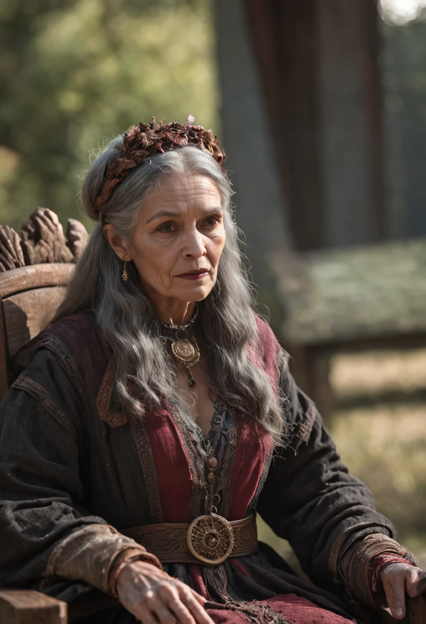 An old witch sits in a Kadilau chair in the background,She was holding a Soniste crow,(wide angles,Ultra HD details,Masterpiece, hyper HD, Super detail, High details, Best quality, A high resolution, Award-Awarded, 8K),(电影灯光)