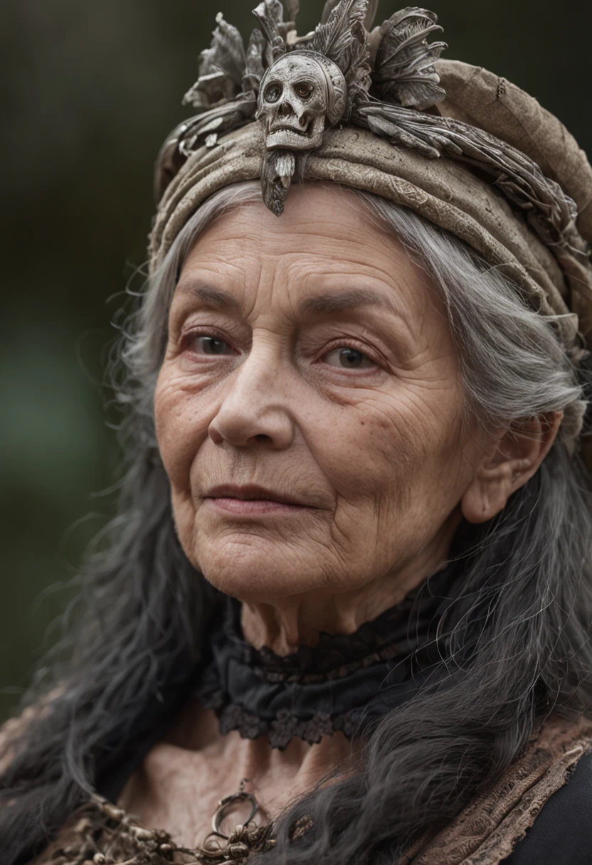 An old witch sits in a Kadilau chair in the background,She was holding a Soniste crow,(wide angles,Ultra HD details,Masterpiece, hyper HD, Super detail, High details, Best quality, A high resolution, Award-Awarded, 8K),(电影灯光)