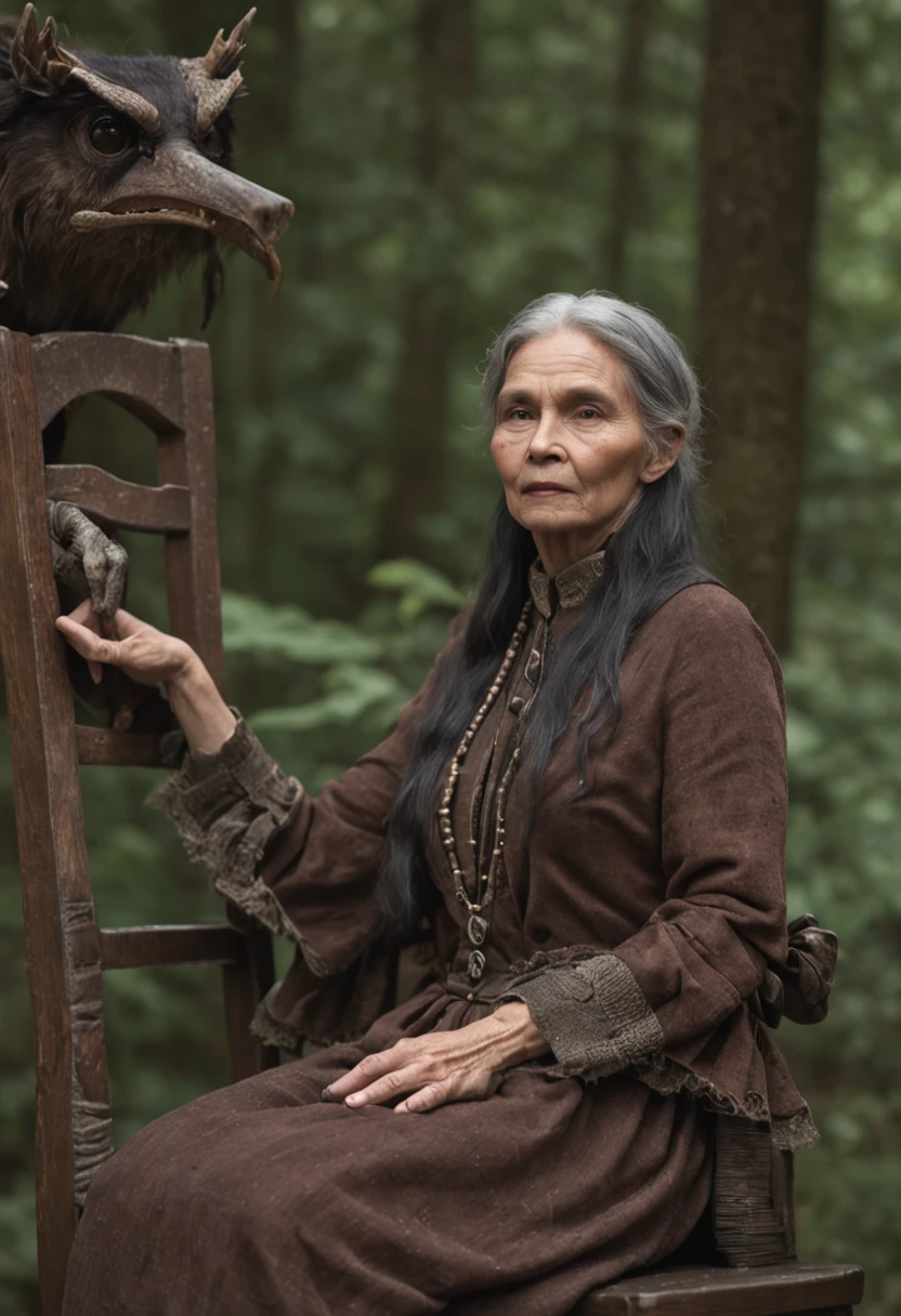 An old witch sits in a Kadilau chair in the background,She was holding a Soniste crow,(wide angles,Ultra HD details,Masterpiece, hyper HD, Super detail, High details, Best quality, A high resolution, Award-Awarded, 8K),(电影灯光)