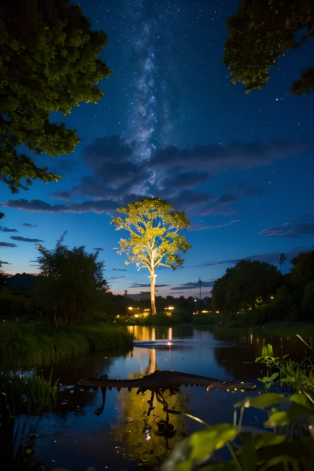 ((best qualtiy)), ((tmasterpiece)), (A detailed:1.4),Enhanced dynamic perspective,jungles,gigantic trees,nighttime scene,starrysky,(darkly:1.4),((Old adventurer standing in a big tree,Feed the girassed dragon to graze)),((Butterflies sparkle in the moonlight)),((A starry stream flowed before him)),Crocodiles float on the water,(Adventurer backpack),(weeds),florals,(((adventurer clothing))),super-fine,Works of masters,high qulity,8K分辨率,depth of fields,电影灯光,Epic shooting,high qulity,super-fine,Detailed pubic hair,Accurate,Cinematic lighting,
