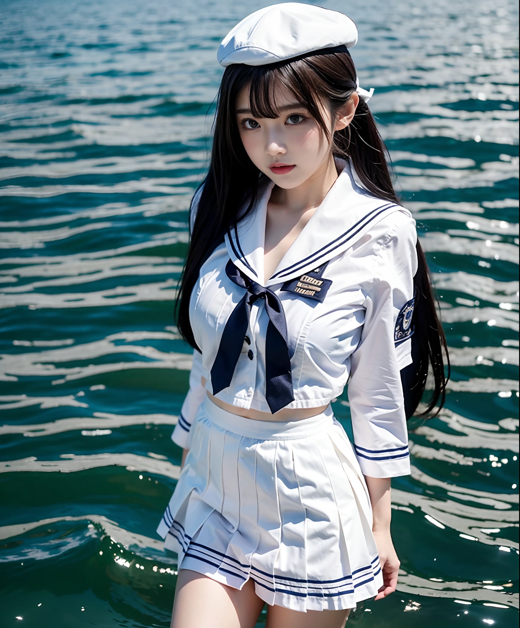 A woman in a sailor's suit walks in water, one-girl，Sailor uniform, Kantai collection style, Anime girl cosplay, cosplay foto, girl in uniform, seifuku, Wearing a Japanese school uniform, Japanese school uniform, female sailor uniforms, Anime girl in real life, azur lane style, sailor outfit, sailor uniformm, double tails ，White silk high socks，White stockings，full bodyesbian，Raised sexy，Plump breasts