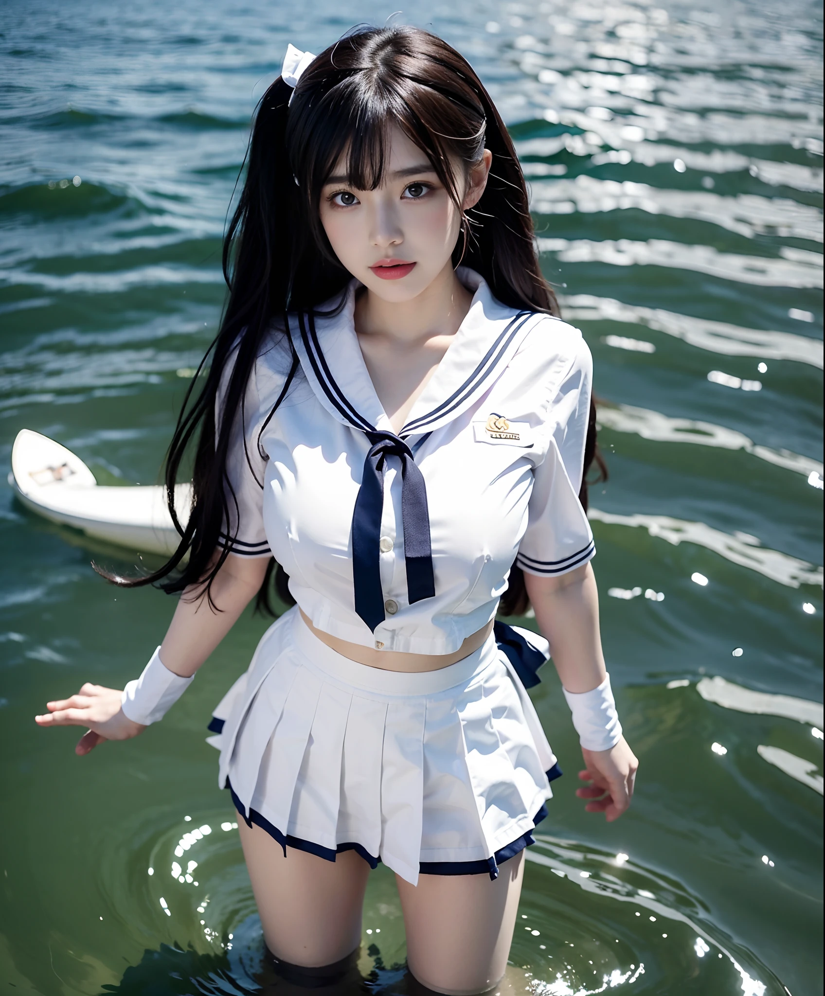 A woman in a sailor's suit walks in water, one-girl,Sailor uniform, Kantai collection style, Anime girl cosplay, cosplay foto, girl in uniform, seifuku, Wearing a Japanese school uniform, Japanese school uniform, female sailor uniforms, Anime girl in real life, azur lane style, sailor outfit, sailor uniformm, double tails ,White silk high socks,White stockings,full bodyesbian,Raised sexy,Plump breasts