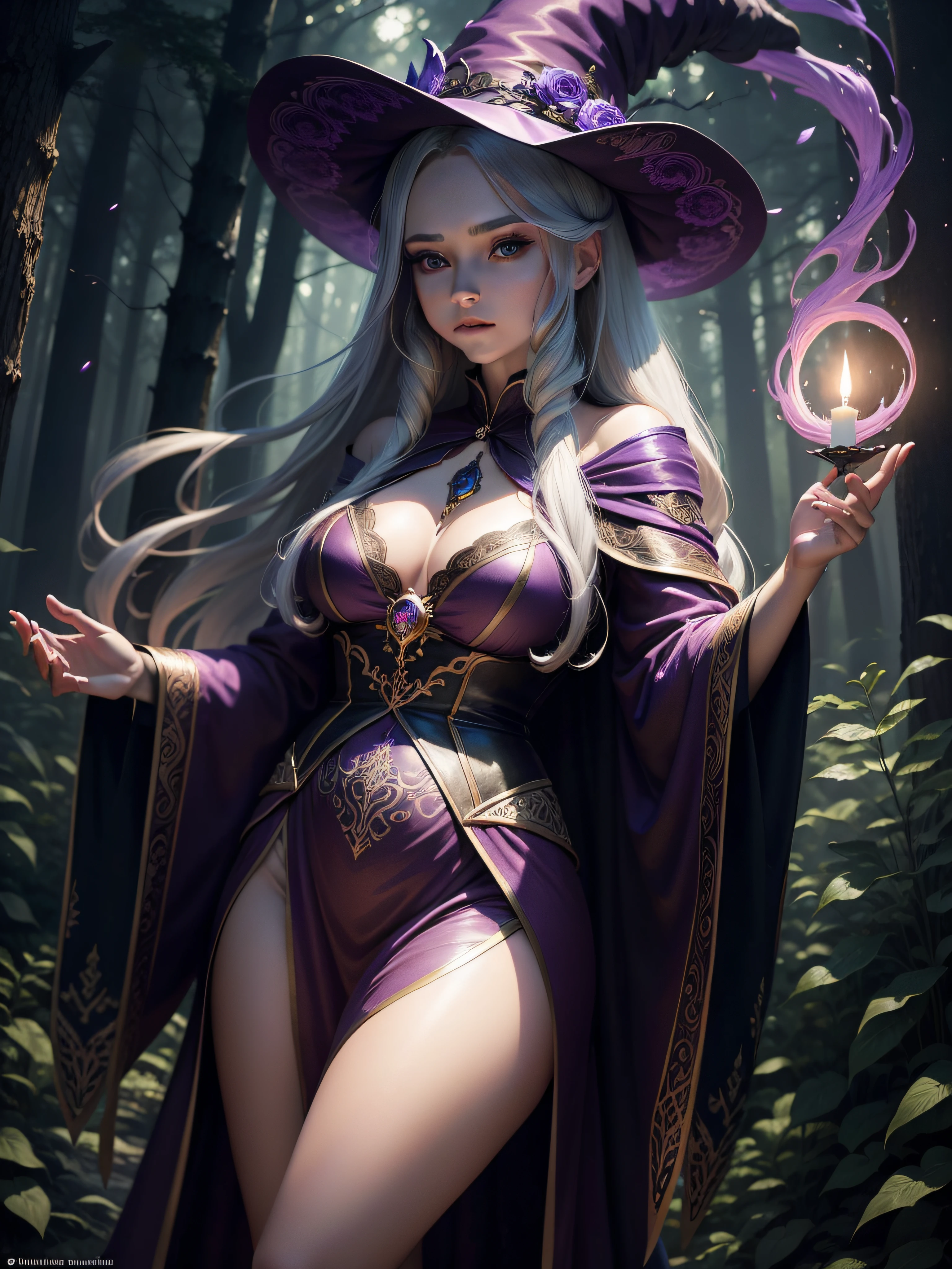 "A powerful and captivating witch with a mysterious aura, casting spells in a moonlit forest. She has long flowing hair, (1 girl) with intense, piercing eyes. Her elegant attire features a deep purple robe adorned with intricate patterns and a flowing cape. The scene is filled with swirling mist, mystical creatures, and enchanted trees. The atmosphere is both hauntingly beautiful and filled with magical energy."
