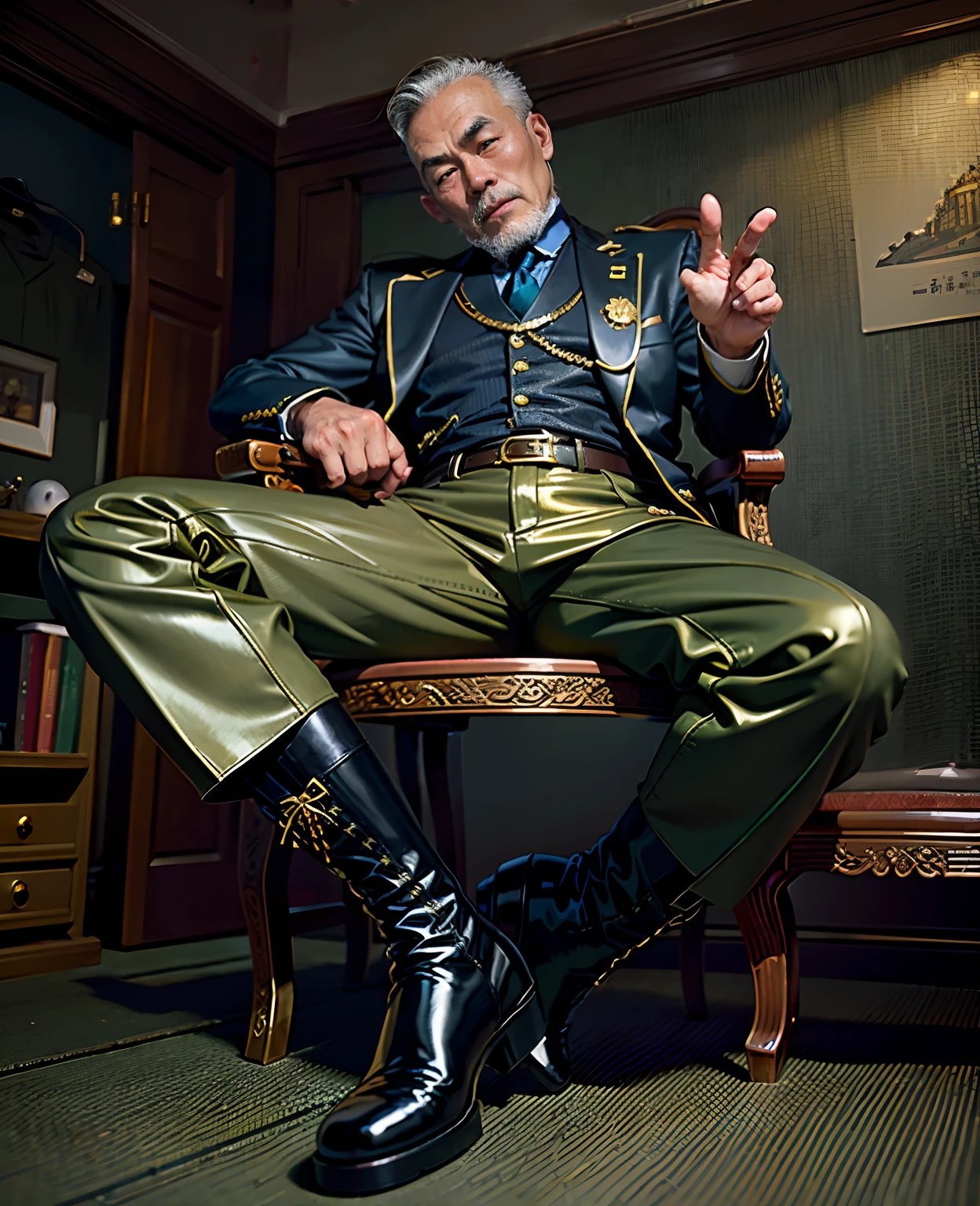 A 50-year-old middle-aged Chinese man sits in a chair，jpn，Chinese man，Keep your feet up，He wore a pair of golden riding boots on his legs, Wear riding boots,breeches, Gold blazer, Jacket and boots, Gold uniform breeches and gold smooth riding boots, Golden decoration，Gold ribbon，golds，Many gold badges hang on the chest，Wearing gold boots,Cool shoes, massive boots, wearing kneesocks,, Wear uniform formal attire, in a gold suit，Gold tie，Goldback，Back head，Black color hair，largeeyes，With a whip in his hand，tom of finland style，Wearing riding boots，Wearing riding boots