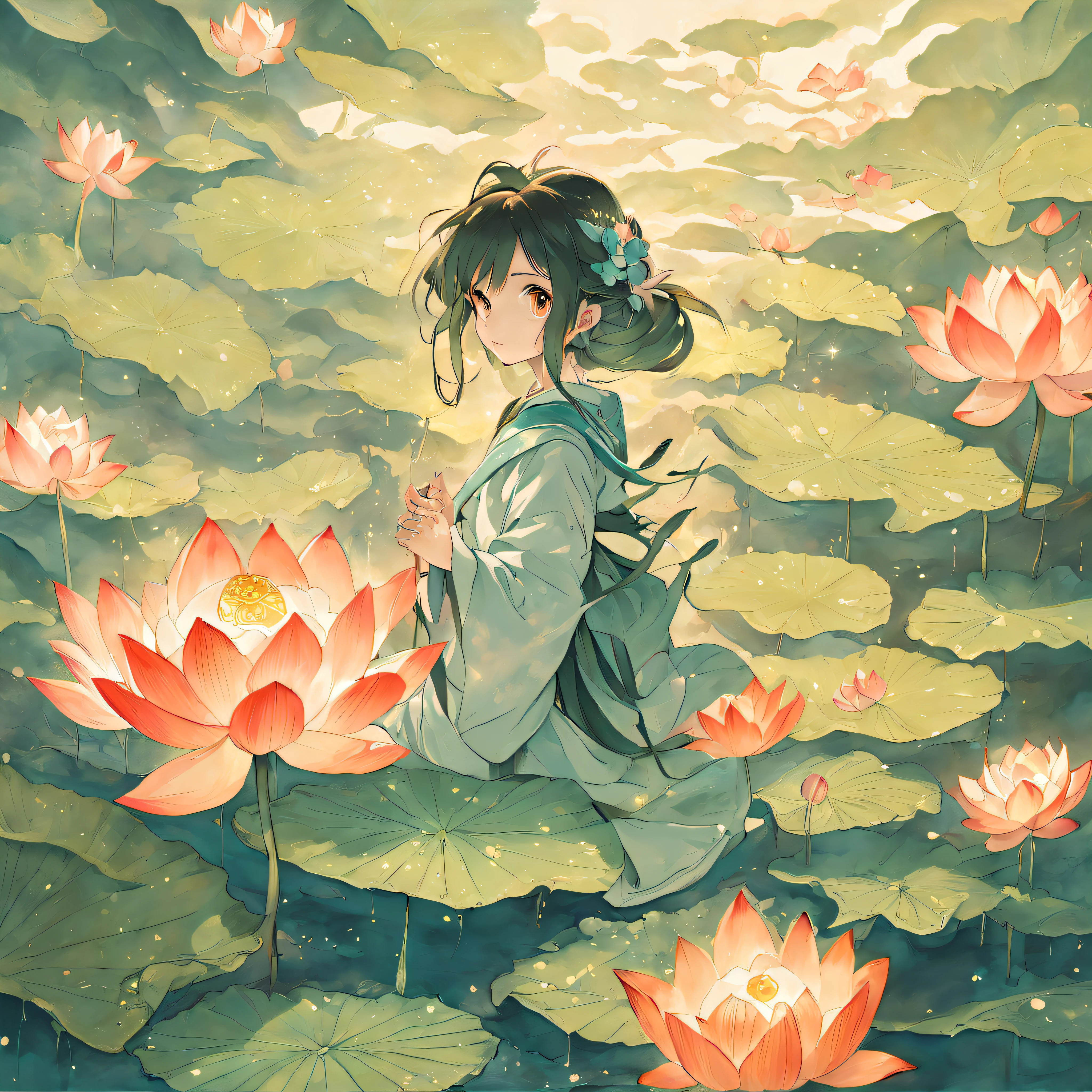 no pperson, Big lotus leaves, lotus flowers, ink painting style, clean colors, ink style, smudging, decisive cutting, white space, freehand, masterpiece, super detailed, epic composition, high quality, highest quality, lotus fairy, ancient style, Dunhuang flying sky