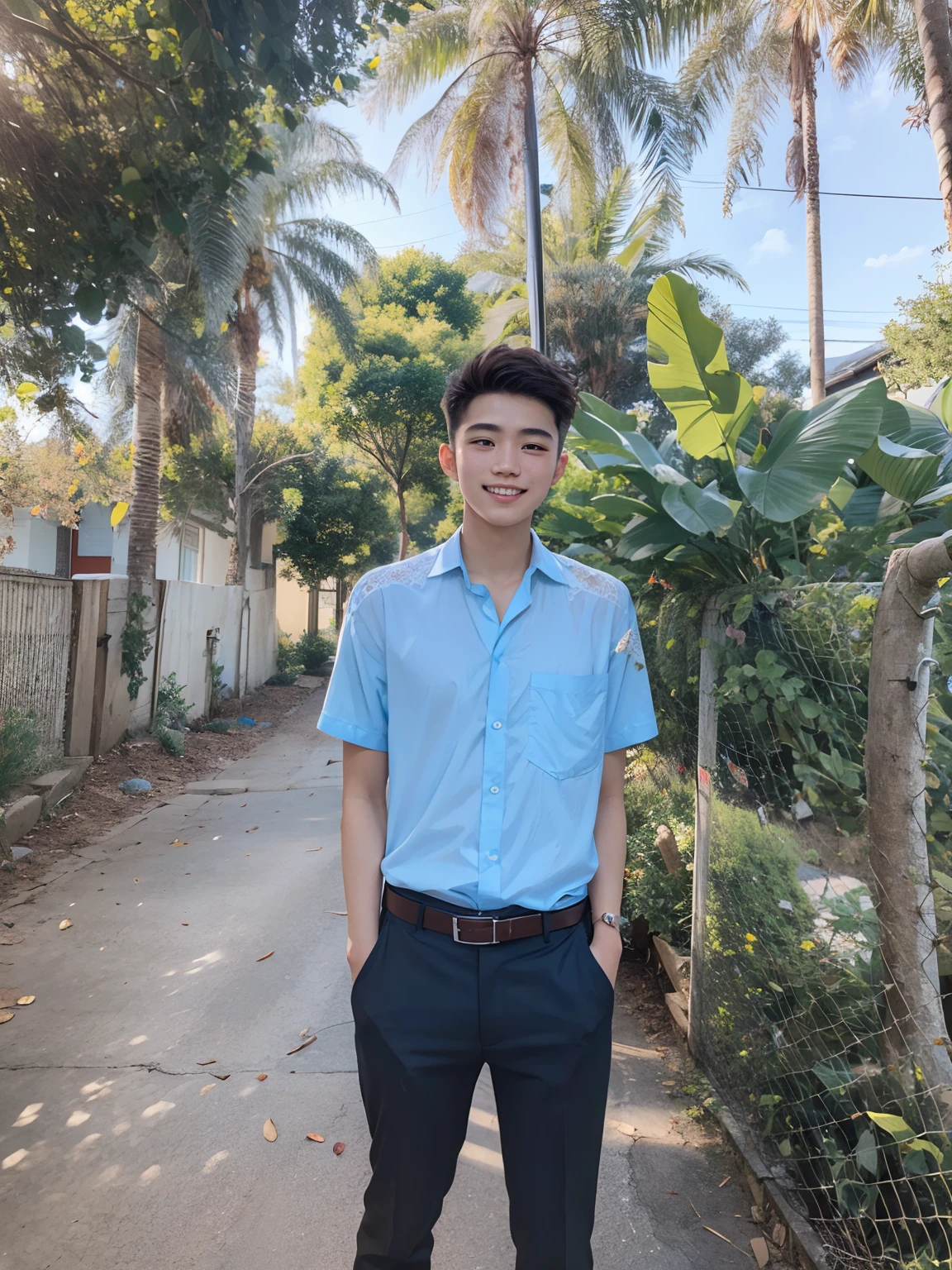 masterpiece, realistic, detailed eyes, beautiful, looking at the viewer, natural lighting, depth of field, film grain, wrinkled skin, 18yo, male, solo, white, formal shirt, freckles, smile, lips, upper body, Portrait, Close-up, Front view, Exterior