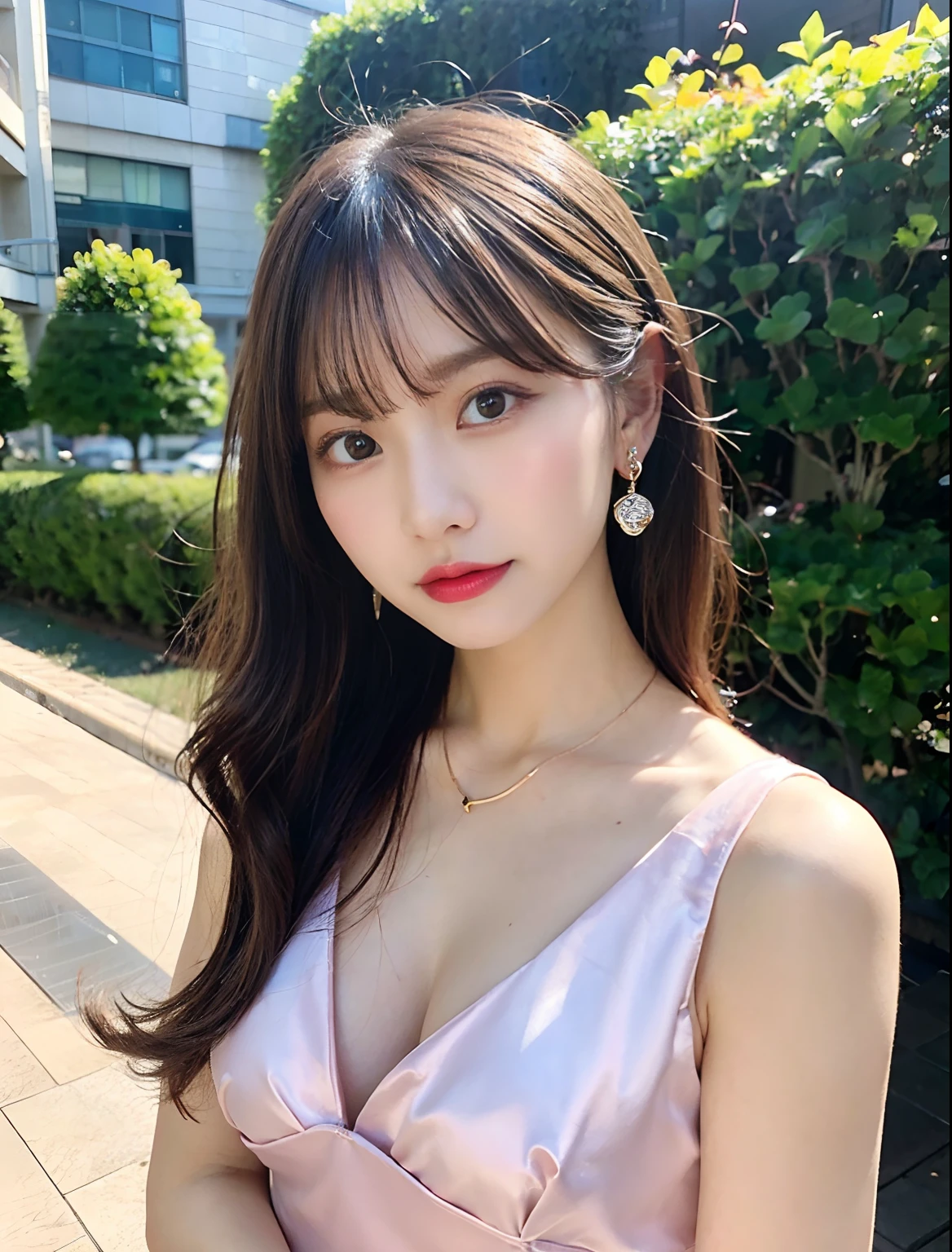 Random posture、(extremely delicate and beautiful work)、(​masterpiece)、1girl、Girl in pink satin dress、ighly detailed、West Creek、Ponytail distortion、tempting look、Beautiful clear eyes、green eye pupil、delicate necklaces、Delicate earrings、Fairy ears、Simple blurred background、Description of extreme details、Beautiful fece、A charming、Ultra-fine painting、delicated face、delicate figure、thin clavicle、Lovely lips、beutiful breast、soft behind、 mix4, (8k, RAW Photography, Top image quality, ​masterpiece: 1.2), (realisitic, Photorealsitic: 1.37), 1 rapariga, cute little, Cityscape, natta, Sateen, wetty, profetional lighting, photon maping, Radio City, physically-based renderingt, (Beautiful Little Hard 1.1), (Saw the head of the nipple in the dress: 1.2), de pele branca,beutiful breast