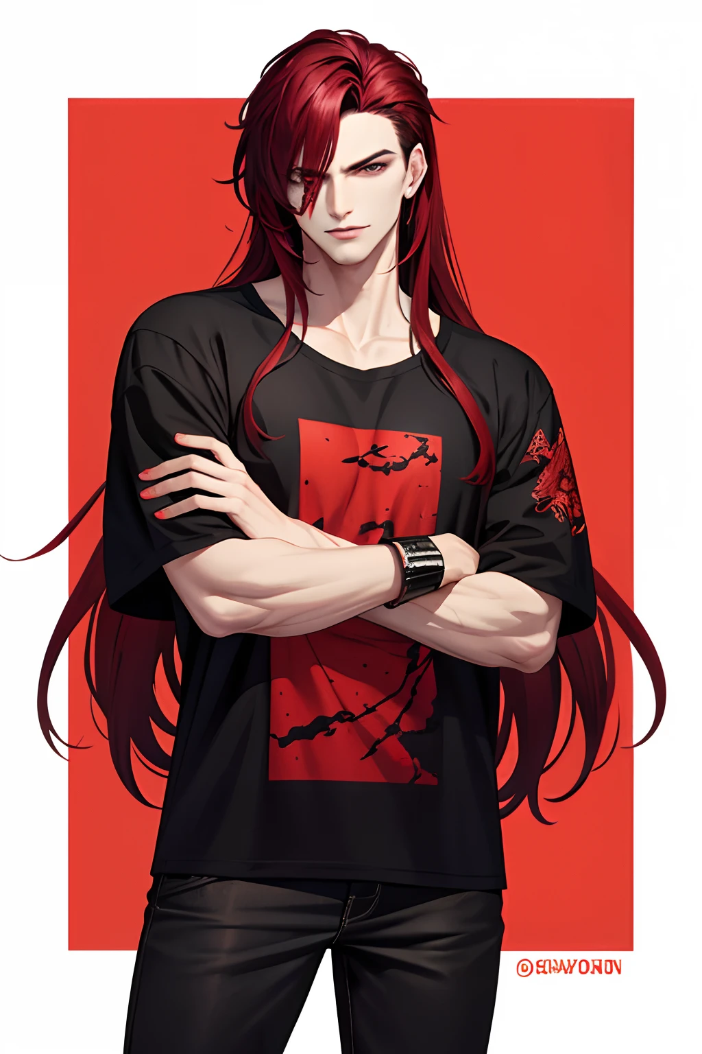 Male with red long detailed hair, dragon black eyes, evil incarnation, handsome, having dragon tattoo on arm, wearing casual clothes