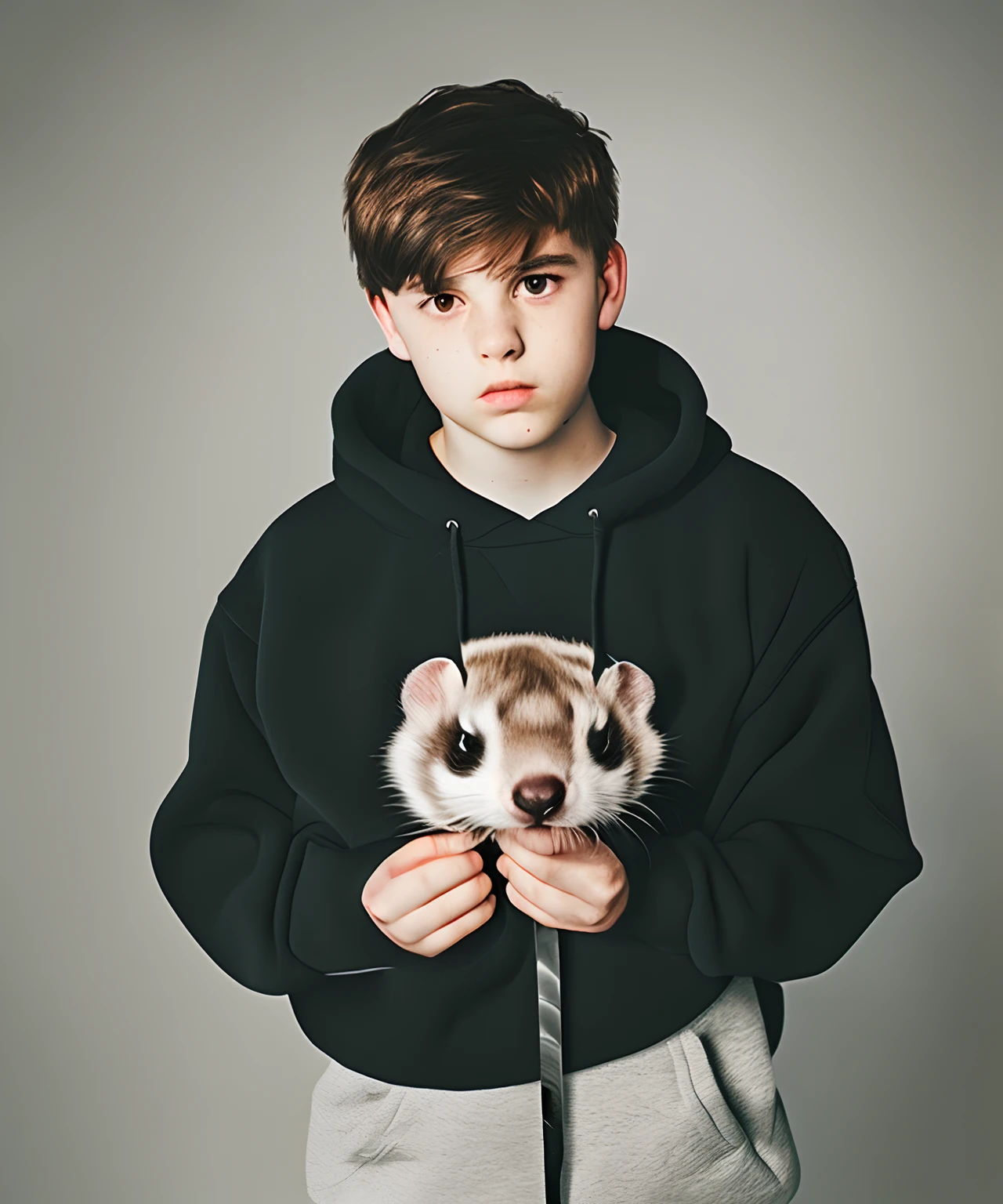 A teenager with a ferret ear tail，silber hair，Black sweatshirt，shoun，Dark green pupils，With a short knife