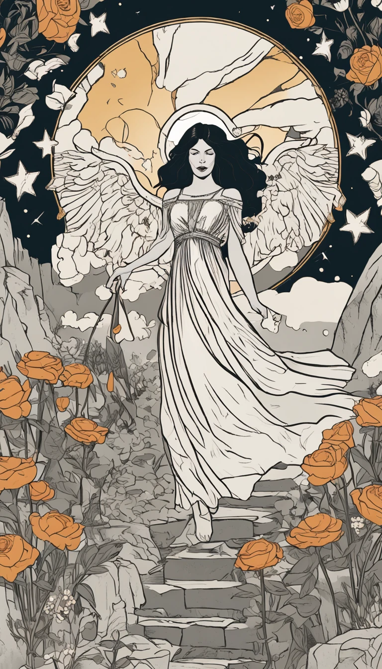 tarot card background，A woman with straight black hair holds a bouquet of white roses in her left hand，Jump off a cliff，The right hand holds the scepter，There are bags on it，There are white clouds all around，The sun is bright，white backgrounid，There is a white cat at his feet，Blue flowers around，Look directly into the camera，中景 the scene is