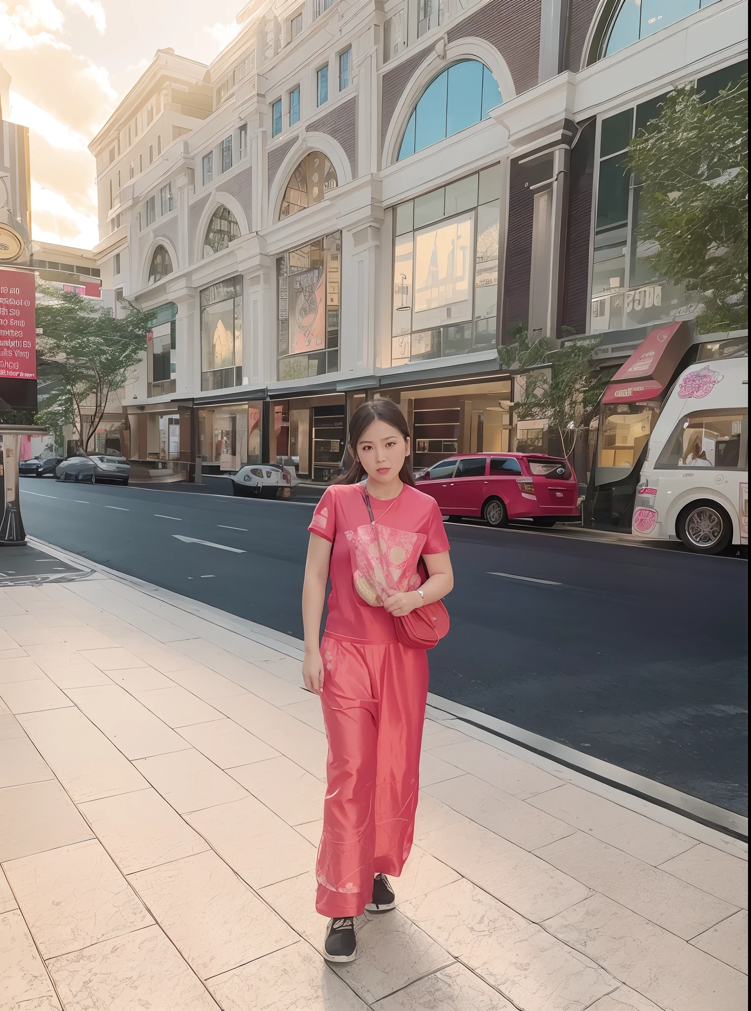 there is a woman standing on the sidewalk with a frisbee, standing in a city center, in city street, dang my linh, in magnificent shopping mall, ao dai, in the middle of the city, in style of lam manh, standing in street, street pic, in a mall, in a city square, at a city street