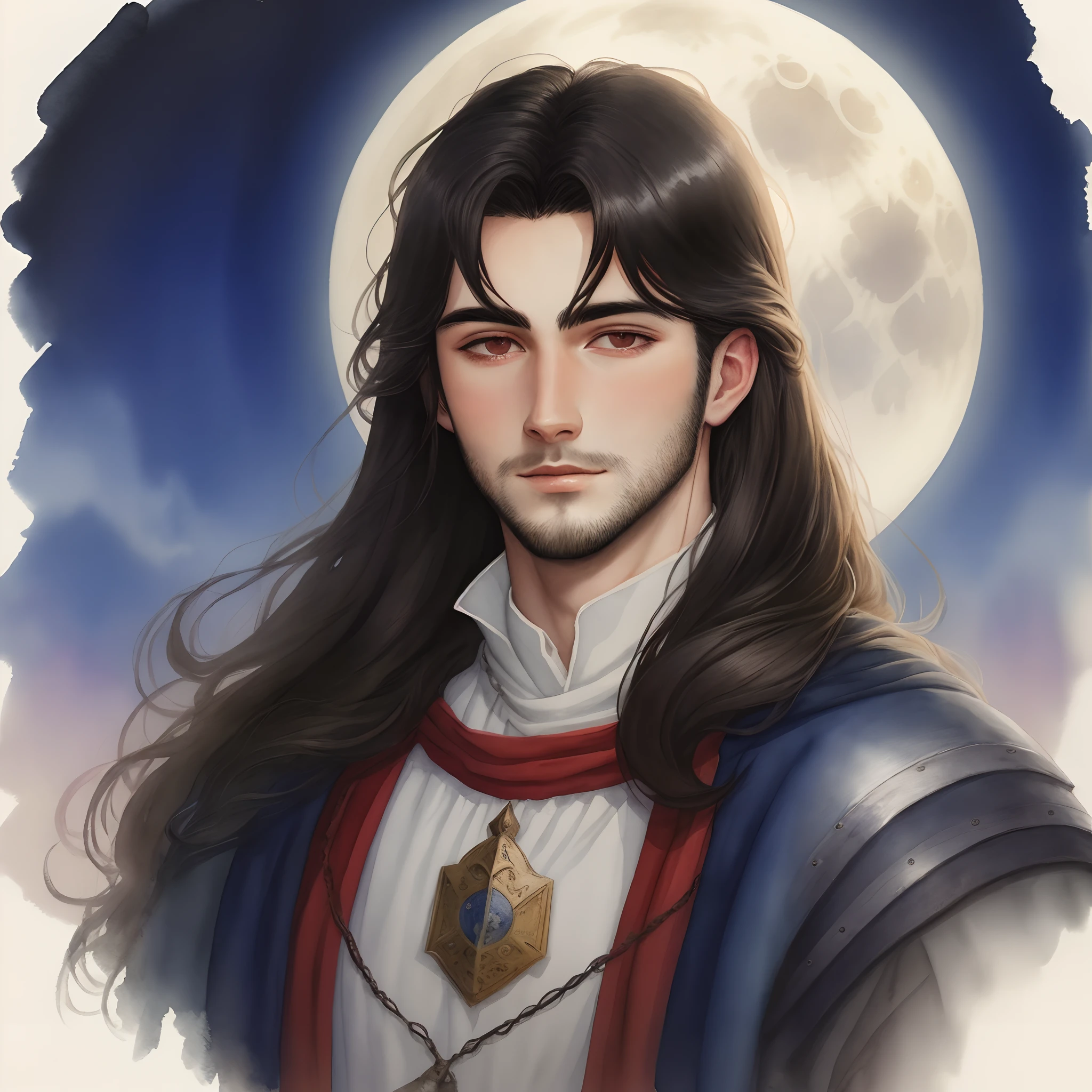 A watercolour painting of a dark-haired medieval lord, aged about 20, his face illuminated by the light of a full moon.