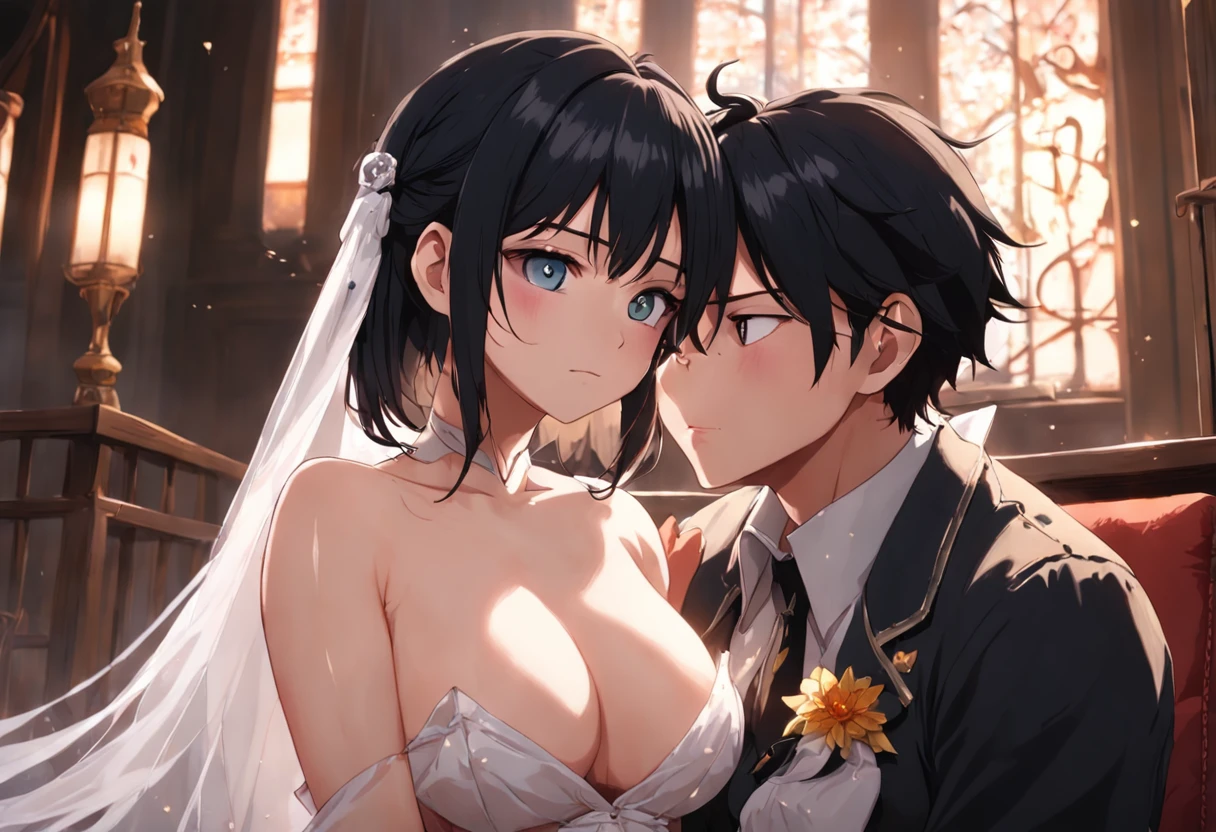 (masutepiece,Best Quality,High quality,ultra-detailliert,Extremely detailed,超A high resolution,Best aesthetic,8K),((nakeness)),Cowboy Shot,Beautiful black eyes,Beautiful Girl,Mature,Black hair,Very short hair,(((saggy tits))),(((big areolae))),(((boobs out))),nose blush,(wedding dress),chapel