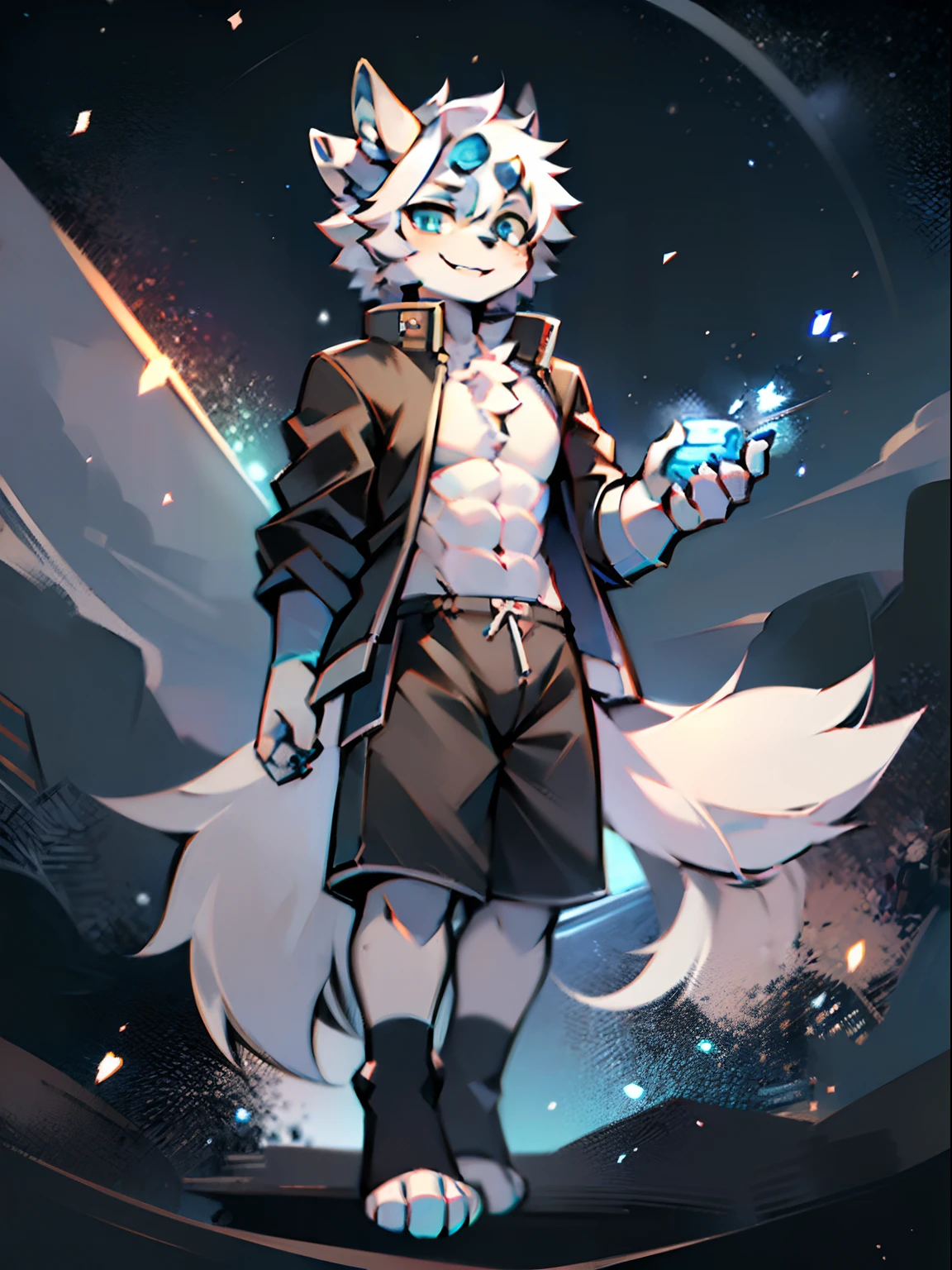 eyes with brightness, in a panoramic view，Character focus，Full body like，独奏,solo person， Correct human anatomy。male people，Furry male wolf，eyes blue，White-colored skin， White hair(The long），White animal ears，There is a pair on the forehead（small）Blue horn fluorescence，leisure wear，grey shorts，Sports socks，Looking at the night sky，ssmile，Young style，Height one meter eight，Handsome， There is a wolf tail，Abs，k hd，8K，1440*2048