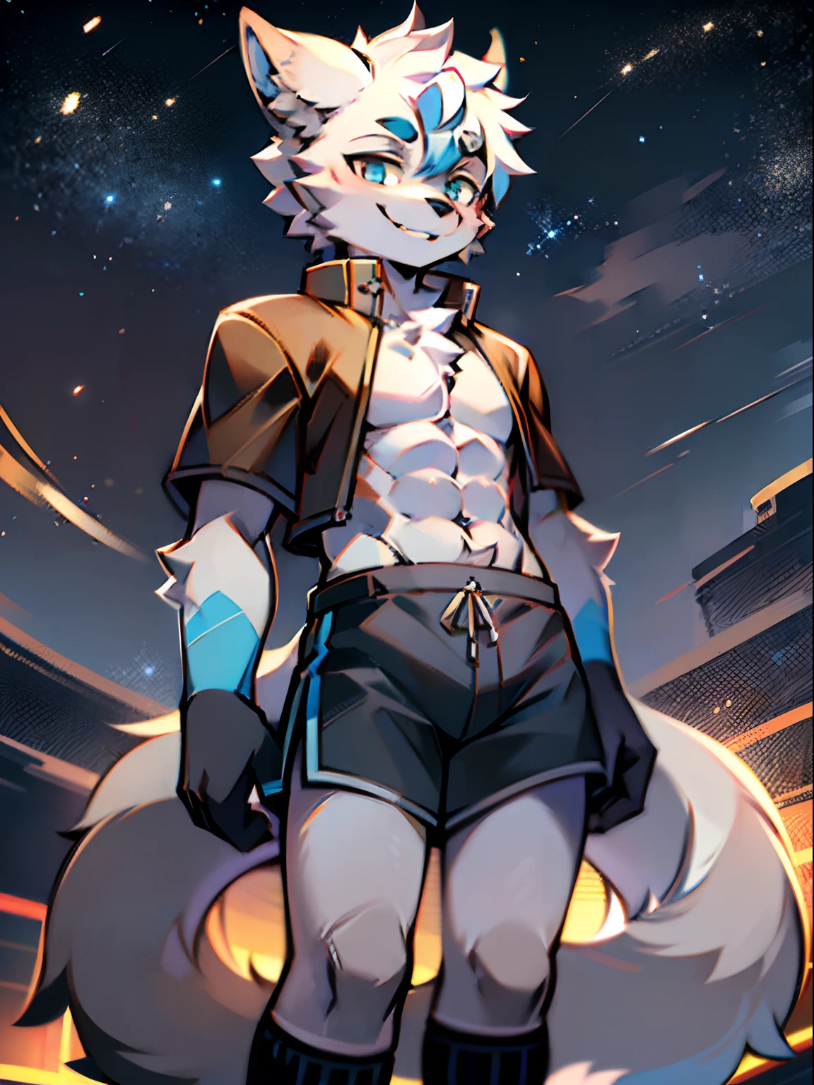 eyes with brightness, in a panoramic view,Character focus,Full body like,独奏,solo person, Correct human anatomy。male people,Furry male wolf,eyes blue,White-colored skin, White hair(The long),White animal ears,leisure wear,grey shorts,Sports socks,Looking at the night sky,ssmile,Young style,Height one meter eight,Handsome, There is a wolf tail,Abs,k hd,8K,1440*2048