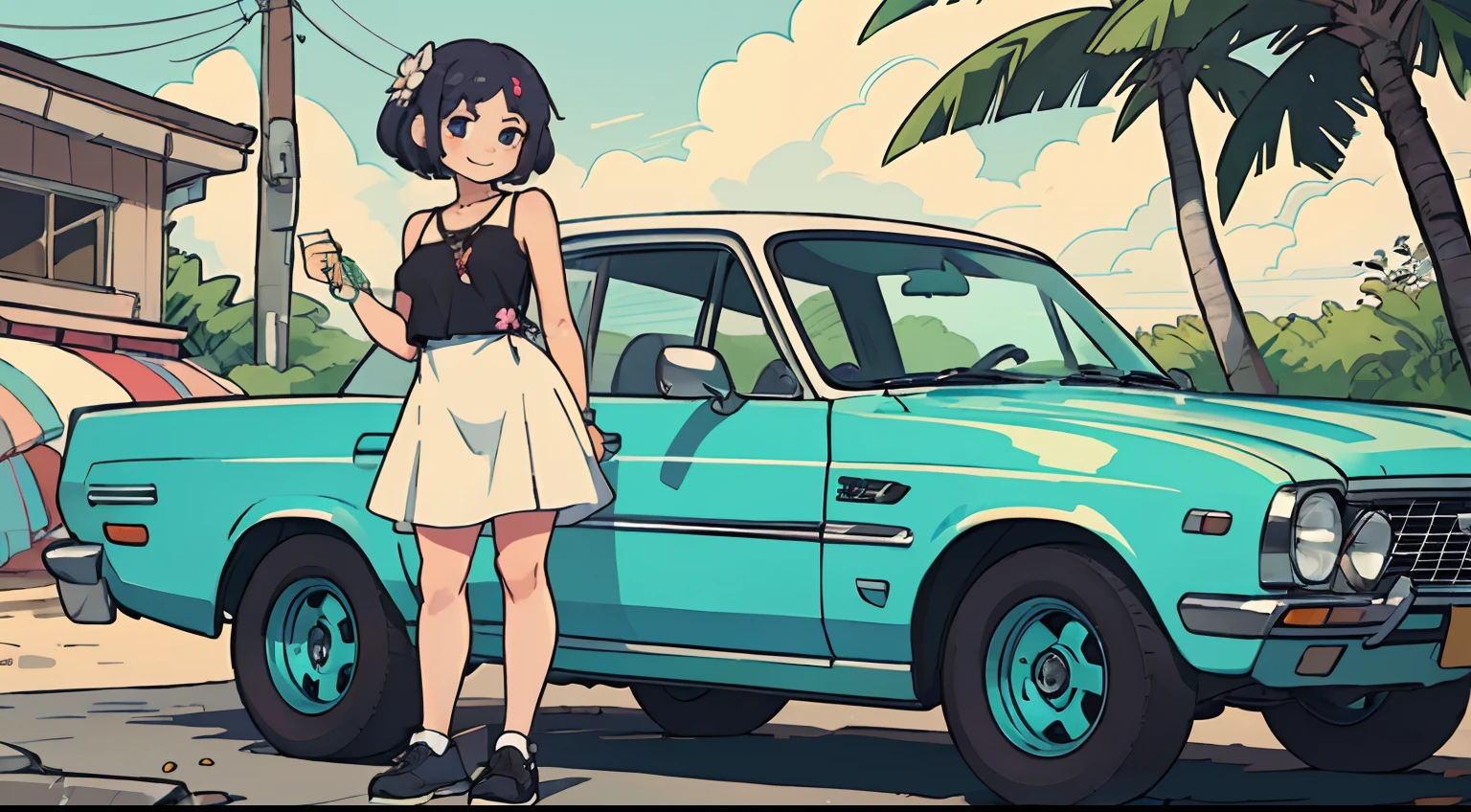 Octane Render、(Hyper-detailing: 1.15)、(Soft light、sharp: 1.2)、morning、 posing in front of car in parking lot near beach, Full body,Accessories for shoes、( hair adornments、耳Nipple Ring、Floral hair ornament、butterfly hair ornament)、 Fuji Film, F/4.0, masutepiece, Anatomically correct、A smile, radiant light