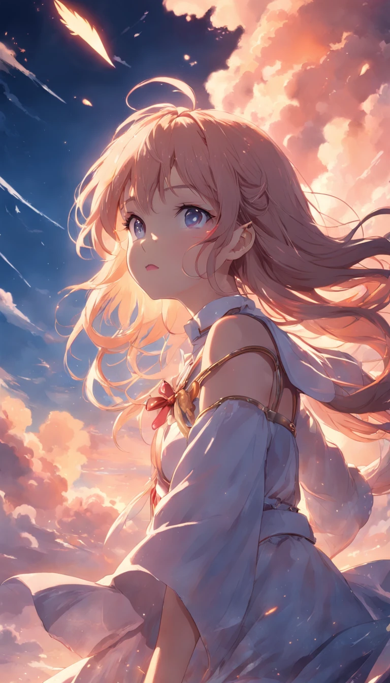 tmasterpiece、top-quality、cinematic Film still from、1girll、Cloud Girl、Sweet girl,floating in sky、closeup cleavage、with light glowing、blissful、Warm and soft lighting、the setting sun、