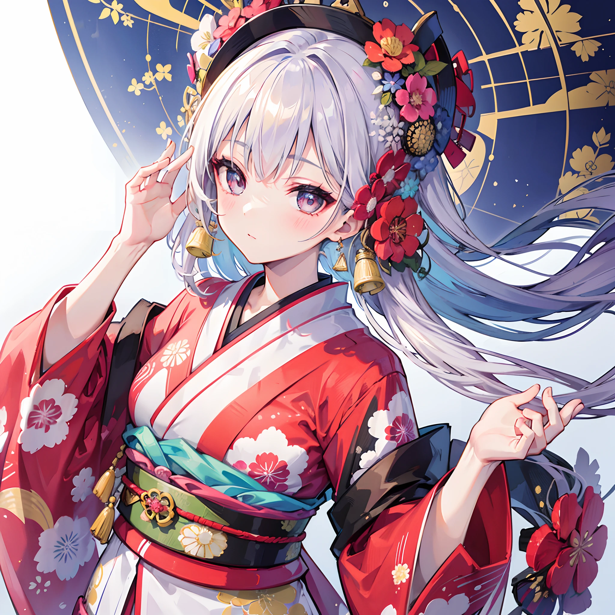 "A girl in a beautifully printed traditional kimono, close-up shot, captivating eyes, flawless and stunning face, exquisite details, crisp image, highest quality."