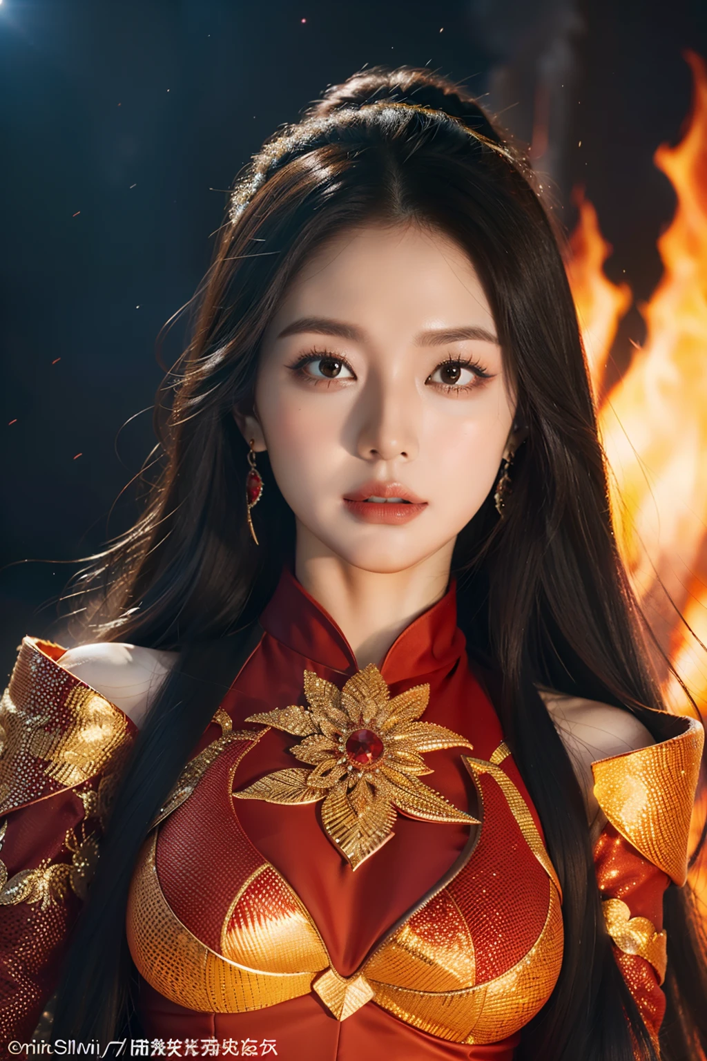 (highy detailed,realisticlying,meticuloso,8k)The Queen of Flames on the volcano is dressed in a gorgeous and majestic red robe。This robe is made of delicate silk,It is as if infused with life by the purest flame in the world。Her appearance is masculine and beautiful,The tall bridge of the nose and thin red lips outline the perfect face。Eyes burning with passion shone with a deep red light,It is as if you can see everyone's heart through the soul。Her long hair was as thick as silk,It appears to be burning red,Dancing like a blaze on her shoulders。The head is dotted with hairpins in the shape of flames,Flashing bright fire。Whenever she moves her head,That hot glowing dot will emit bright sparks。The skin is like a manifestation of fire,There is a subtle blush in the air。She is tall and elegant,Posture is straight,Exudes confidence and dominance。She wears a ruby-encrusted flame-shaped bracelet on her wrist,Shines brilliantly red。The surrounding environment is also spectacular。It is surrounded by craters where magma erupts,Lava gushes out of the ground,Various peculiar landforms are formed。Red smoke filled the air,The heat wave distorted the vision。The dark red glow of magma flickered around her,Shoot into the night sky。When a volcano erupts,Clumps of magma erupt from the crater,Form a gorgeous waterfall of fire。The Flame Queen stands at the highest point of the magma eruption,She appears as if she is the ruler of this lava。In this scorching environment,She shows a strong and domineering aura。She is the guardian of the volcano,Her presence is a symbol of strength and breathtaking power。Queen of Flames with her makeup、Clothing and environmental details,It will always leave an indelible impression。
