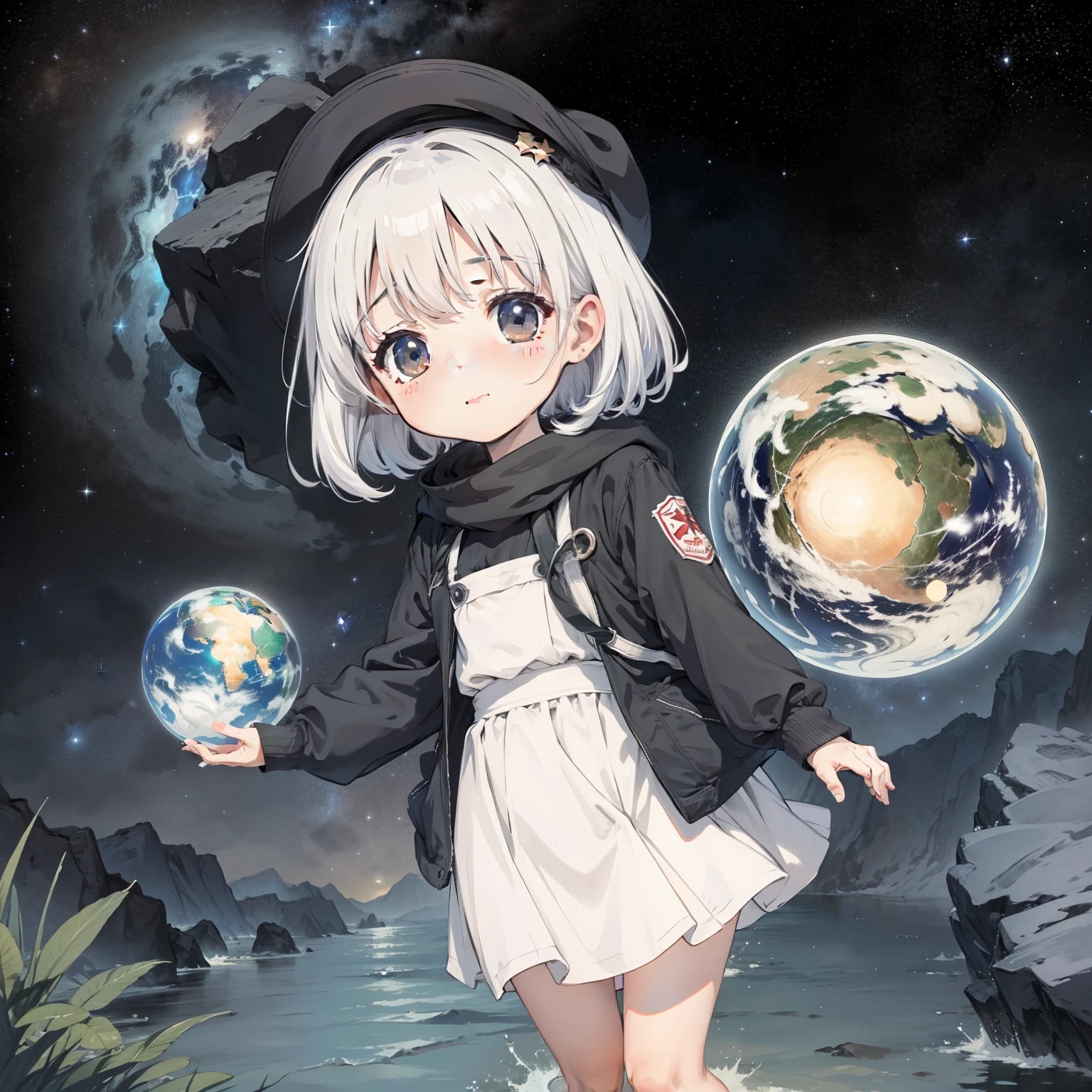 Behind it is the earth,starry sky bright, 1girll, girl drifting in the starry sky of the universe,Loli,elemen, (with short white hair:1.2),