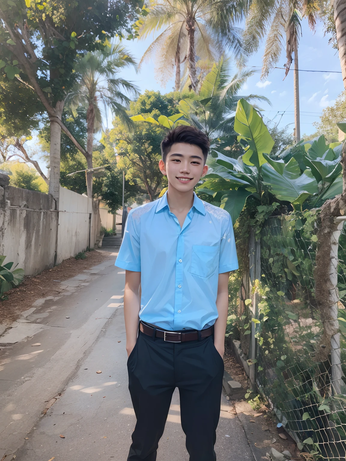 masterpiece, realistic, detailed eyes, beautiful, looking at the viewer, natural lighting, depth of field, film grain, wrinkled skin, 18yo, male, solo, white, formal shirt, freckles, smile, lips, upper body, Portrait, Close-up, Front view, Exterior