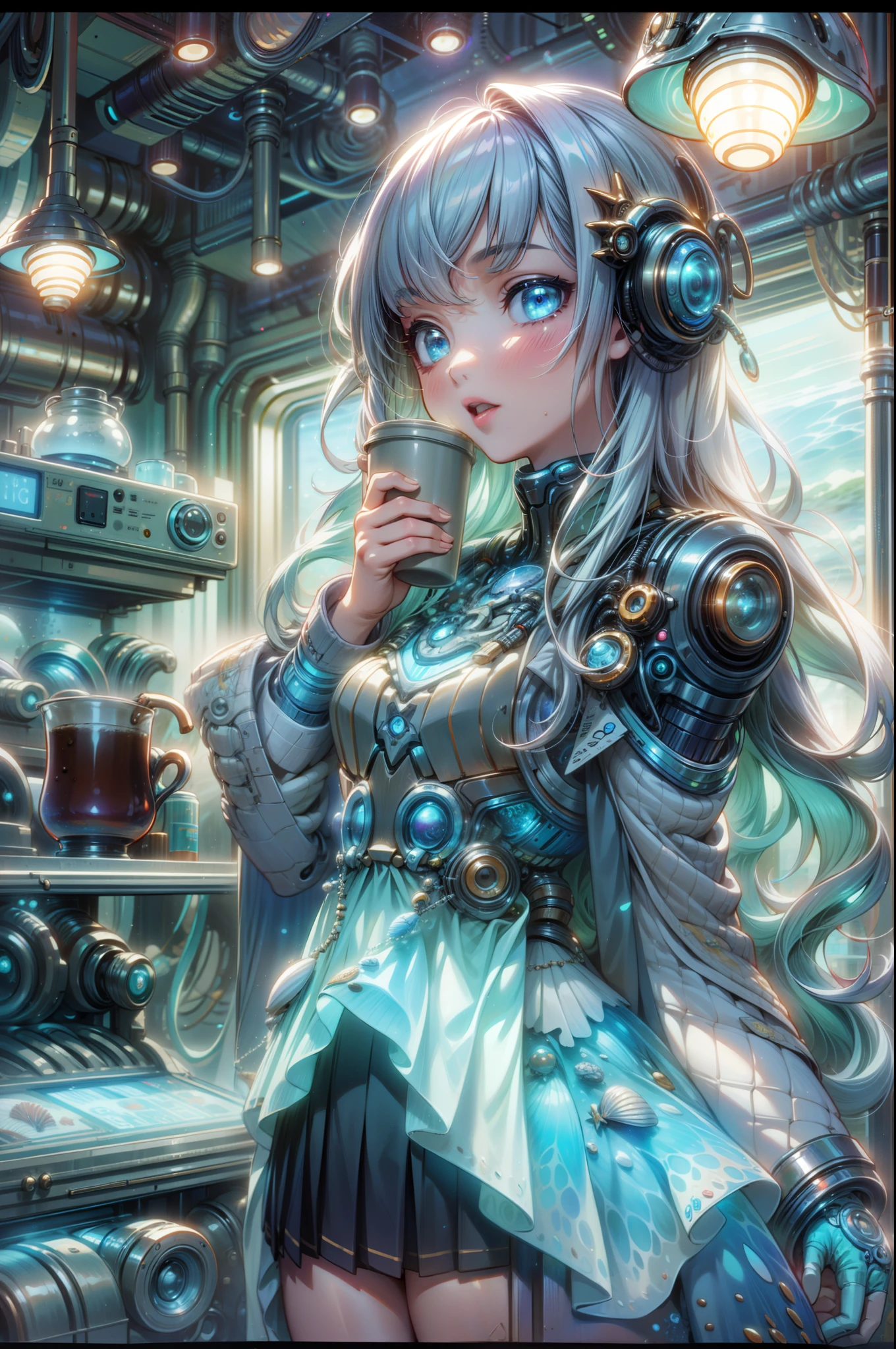 (masterpiece:1.2), best quality, highres, original, extremely detailed wallpaper, perfect lighting,(extremely detailed CG:1.2), 8k, illustration, atlantistech ,scifi, undersea,bioluminescent ,shell,
coffee machine , mug, cyberpunk, 1 girl, long hair,solo, {delicate|blue}eyes, (Sci-fi costumes:1.2), detailed pleated skirt, (shiny clothes), close-up, stand, game cg