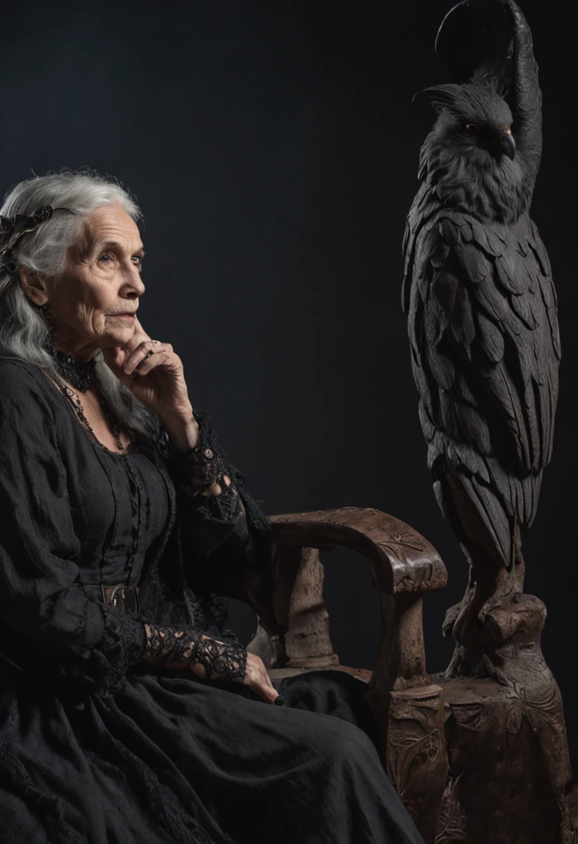 (An old witch sits in a Kadilau chair in the background,She was holding a Soniste crow),(dark castle background,unholy,terroral),(wide angles,Ultra HD details,Masterpiece, hyper HD, Super detail, High details, Best quality, A high resolution, Award-Awarded, 8K),(电影灯光)