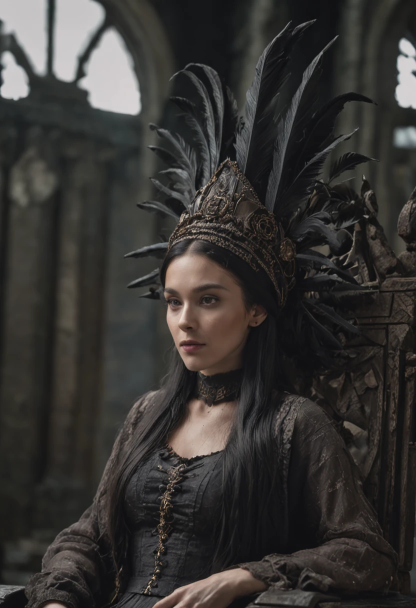 (An old witch sits in a Kadilau chair in the background,She was holding a Soniste crow),(dark castle background,unholy,terroral),(wide angles,Ultra HD details,Masterpiece, hyper HD, Super detail, High details, Best quality, A high resolution, Award-Awarded, 8K),(电影灯光)