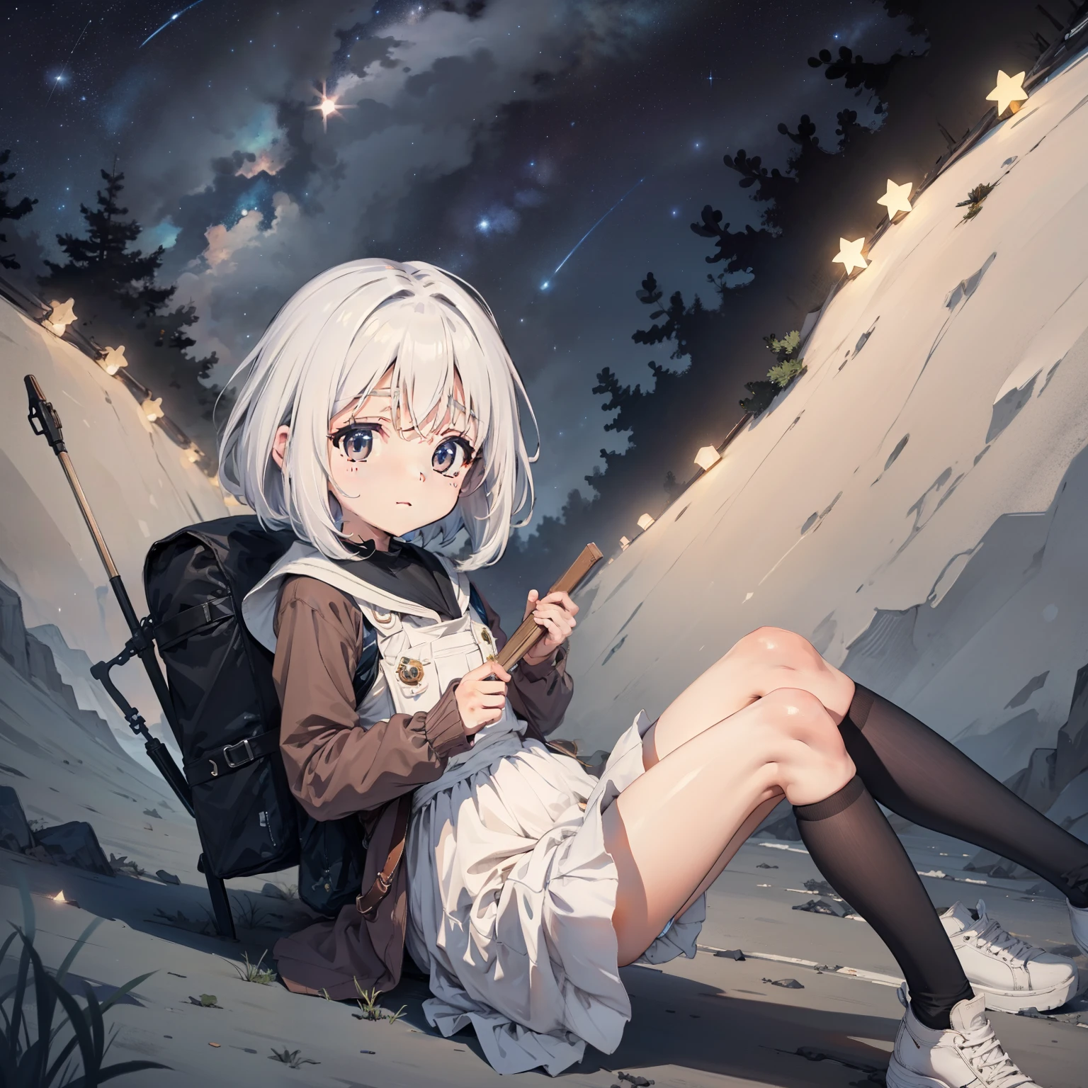 Behind it is the earth，starry sky bright， 1girll,  girl drifting in the starry sky of the universe，Loli,elemen, (with short white hair:1.2),