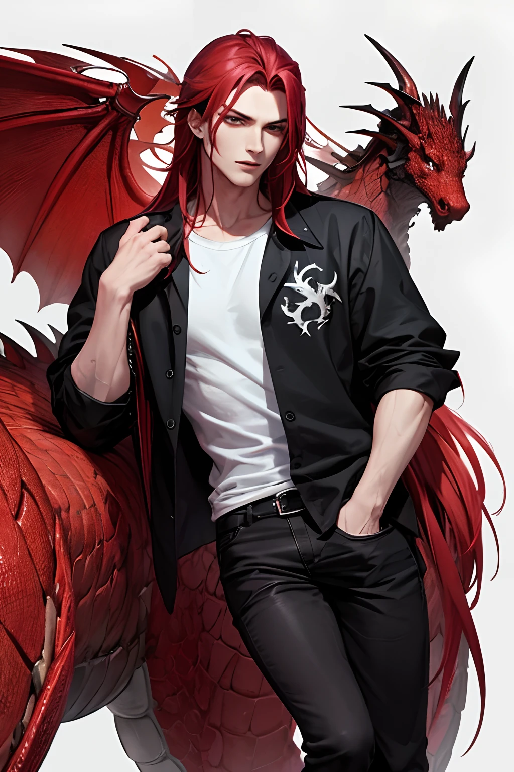 Male with red long detailed hair, dragon black eyes, evil incarnation, handsome, having dragon tattoo on arm, wearing casual clothes