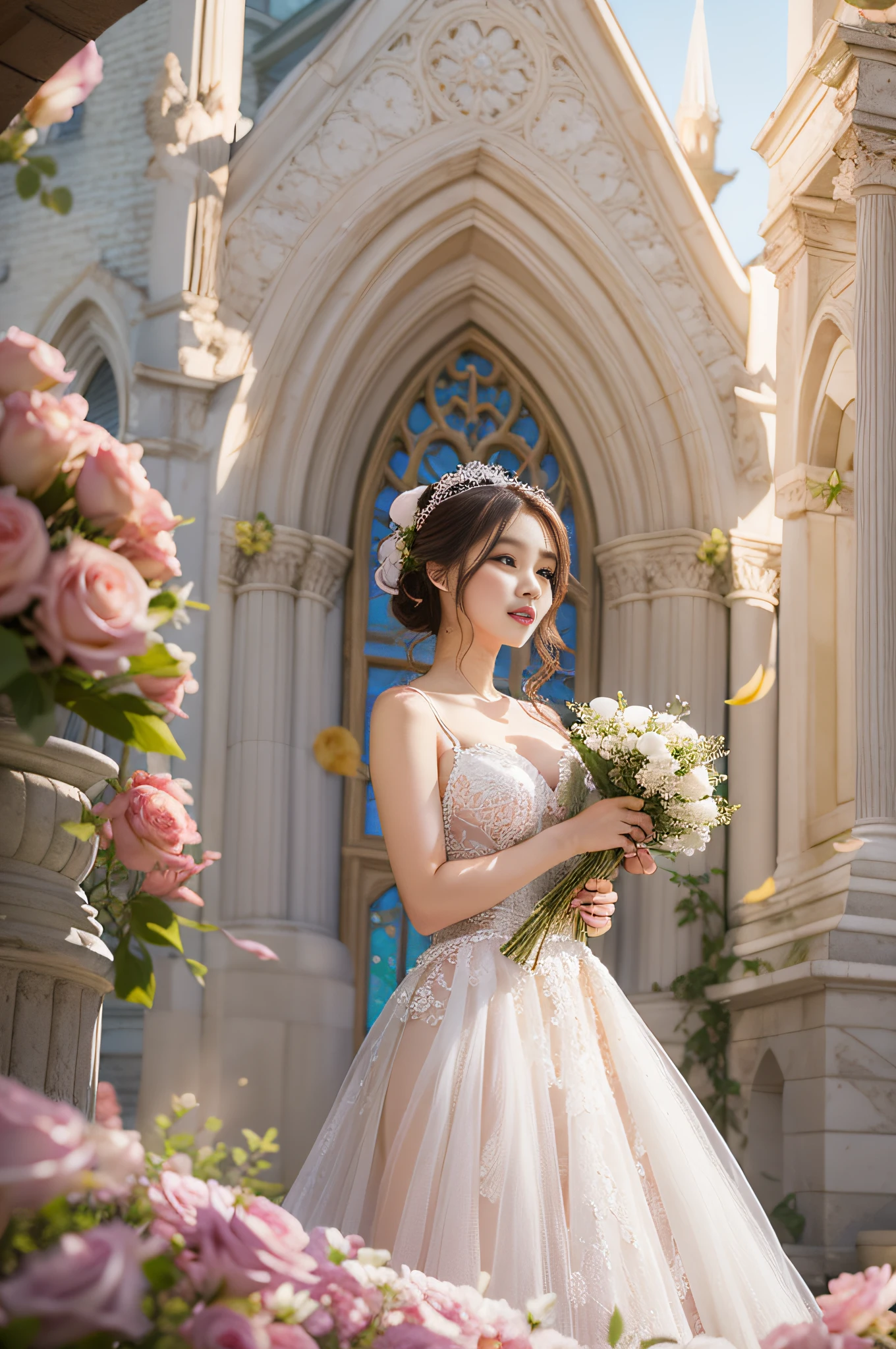 Slightly chubby big-breasted beauty holding flowers in wedding dress,The background is the church