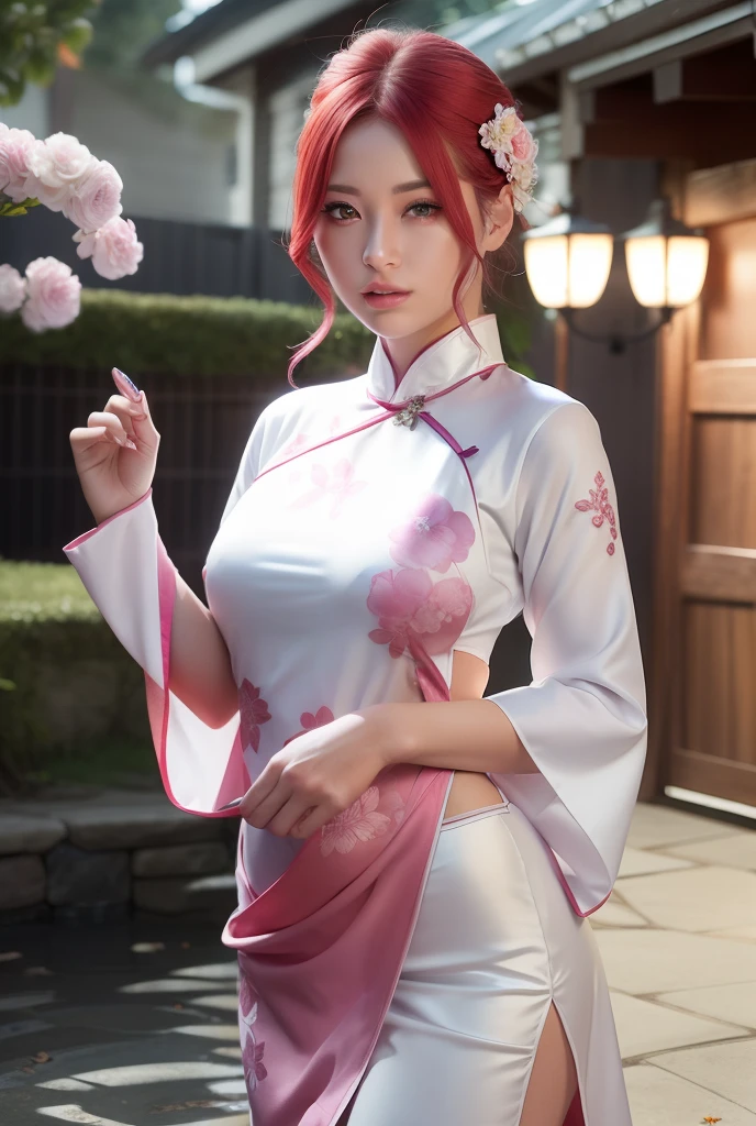 Sakura uchiha. A woman was in the yard at night. She was seen wearing silver cheongsam silver with the motif of red gold camellias. With a slit on the left that shows her white thigh. Her breasts look like big, round copying. She had beautiful pink hair. His skin was so pale white. Her cheeks were rosy red and her tiny red lips tantalizing. He was looking into the camera. She looks so hot and realistic