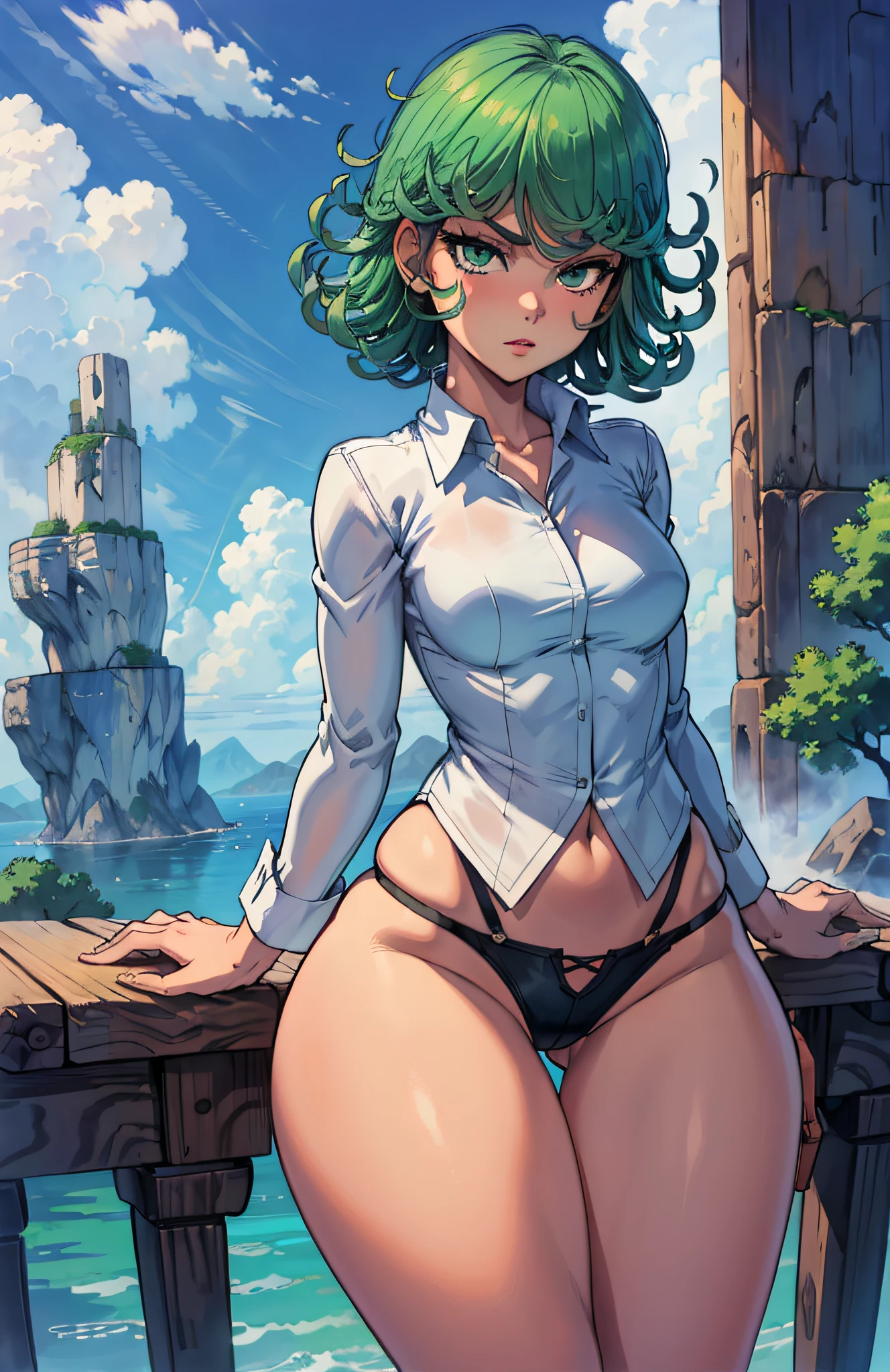 (masterpiece, best quality:1.2), cowboy shot, solo, 1girl, tatsumaki, lustful, closed mouth, looking at the viewer, ass, wide hips, shirt, thong, short shorts, squats, spread legs, blue sky, erotica,