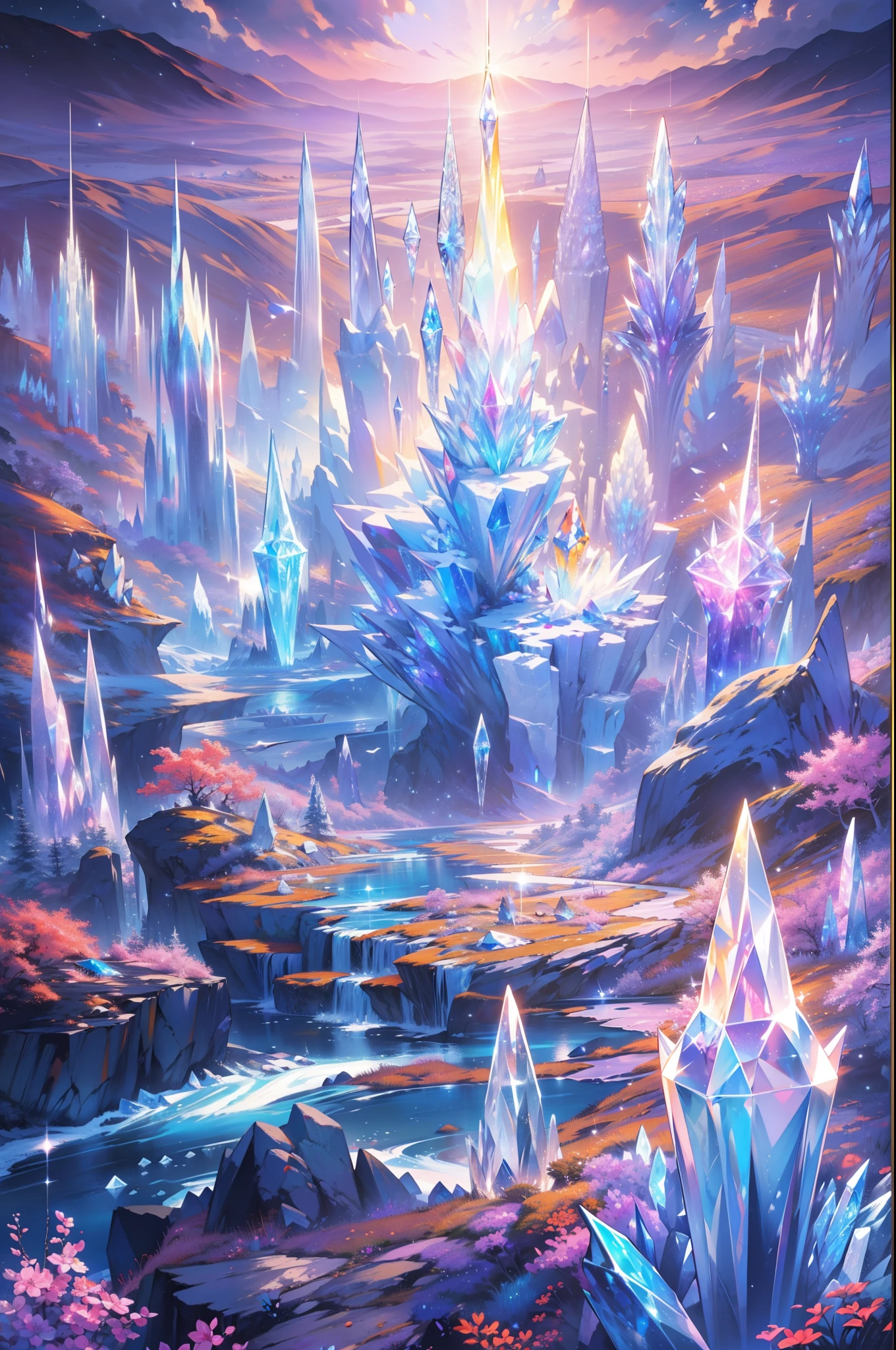 (masterpiece,bestquality),Land of Crystals,ice field,bright,Shimmering like a diamond, it shines like a crystal,Bright and vivid colors,(depth of fields:1.2),the night,Holy,Light-sensitive,crystal