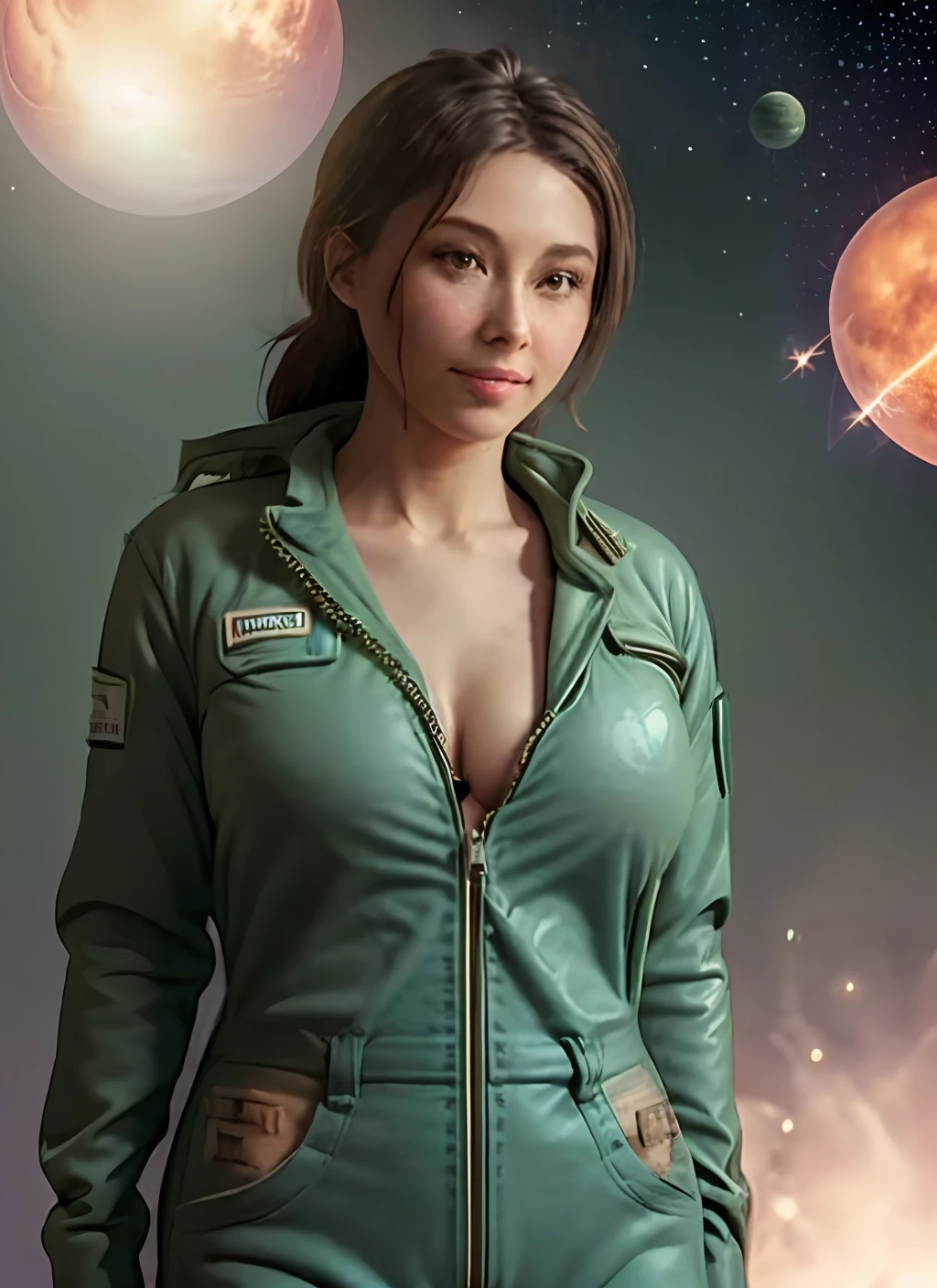 award winning  fill body photo of a 25 years old woman, (green unzipped coveralls:1.5), pudgy face, with medium dark hairstyle, beautiful face, floating embers, (small toned breasts:1.5), detailed hazel eyes, zero-gravity, fireflies, vaporware, cell shaded:1.0, (octane render:1), trending on artstation, highly detailed, fine detail, intricate, space background,