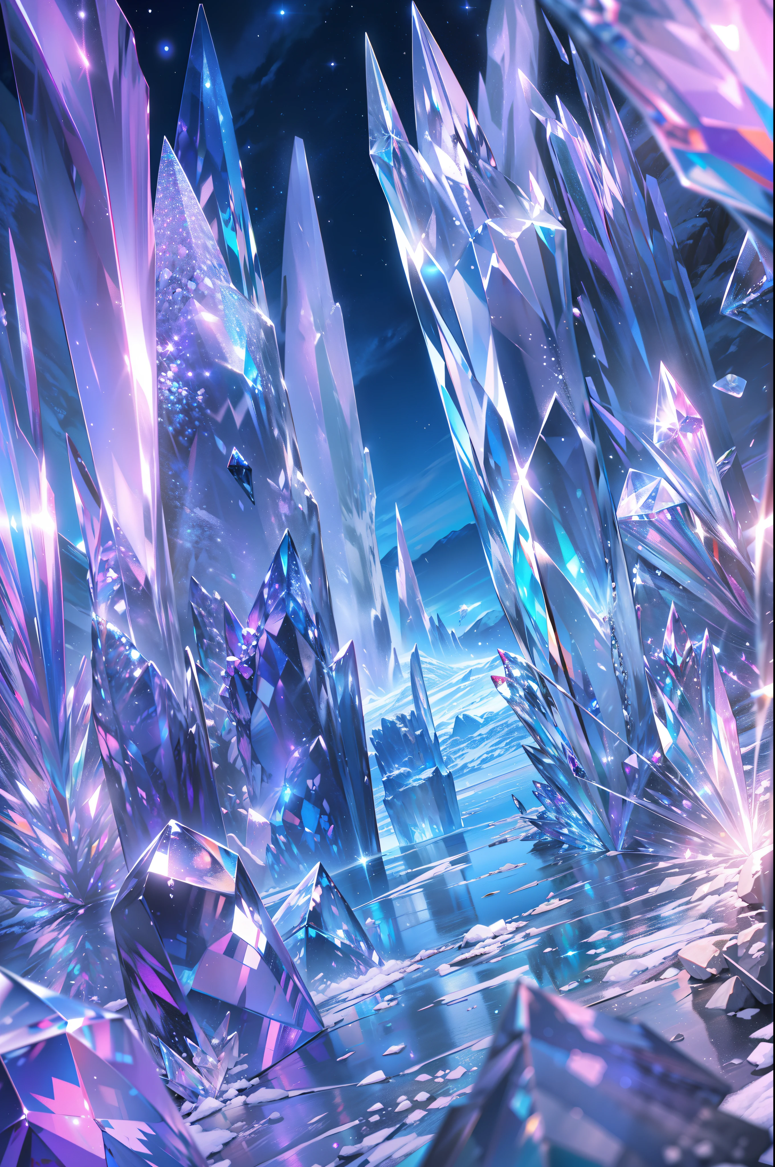 (masterpiece,bestquality),Land of Crystals,ice field,bright,Shimmering like a diamond, it shines like a crystal,Bright and vivid colors,(depth of fields:1.2),the night,Holy,Light-sensitive,crystal